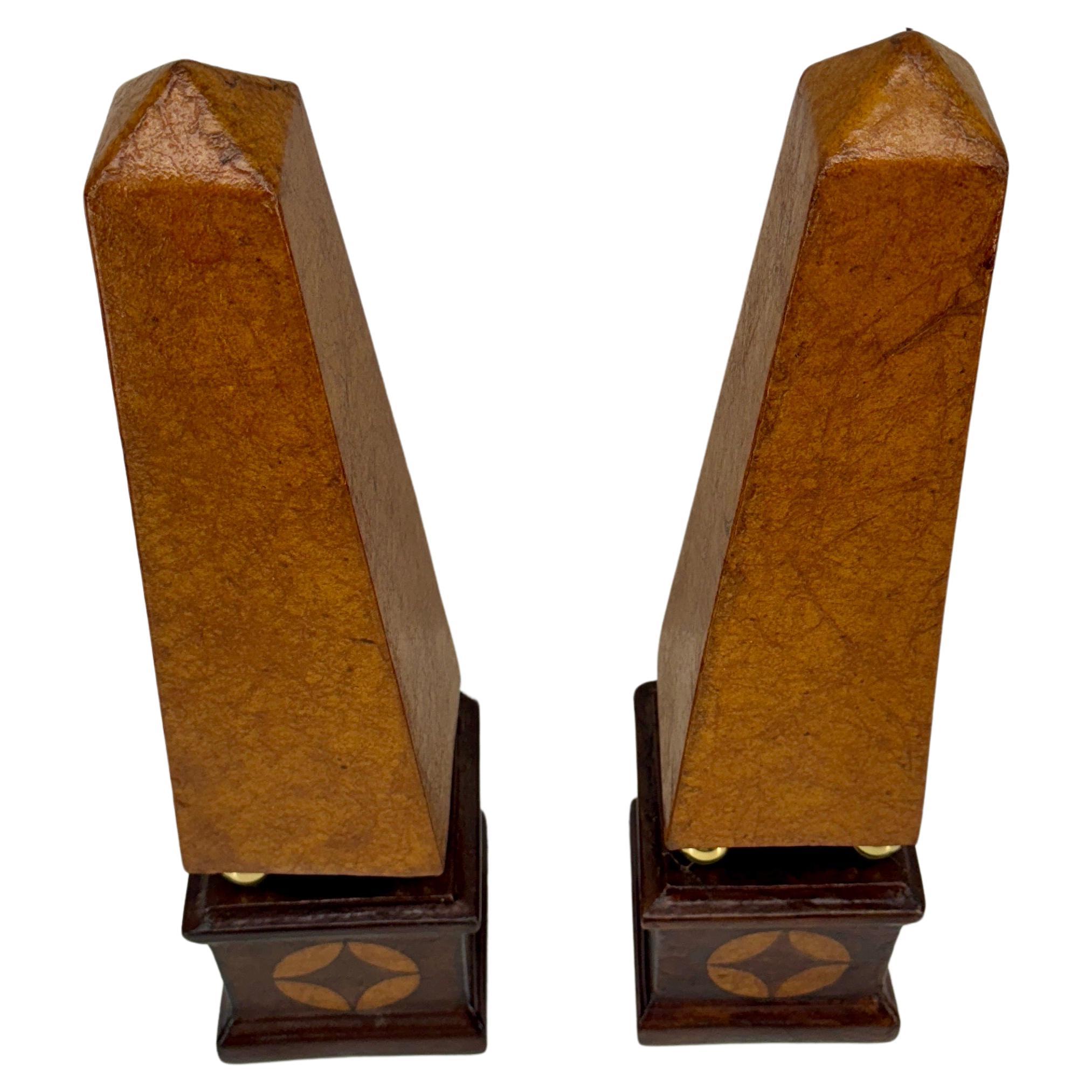 20th Century Pair of French Tall Leather Wrapped and Brass Obelisks For Sale