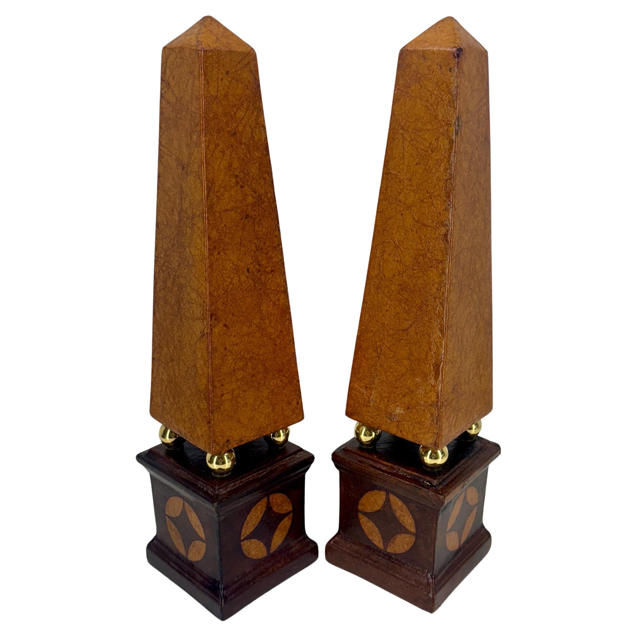 Pair of French Tall Leather Wrapped and Brass Obelisks  For Sale 1