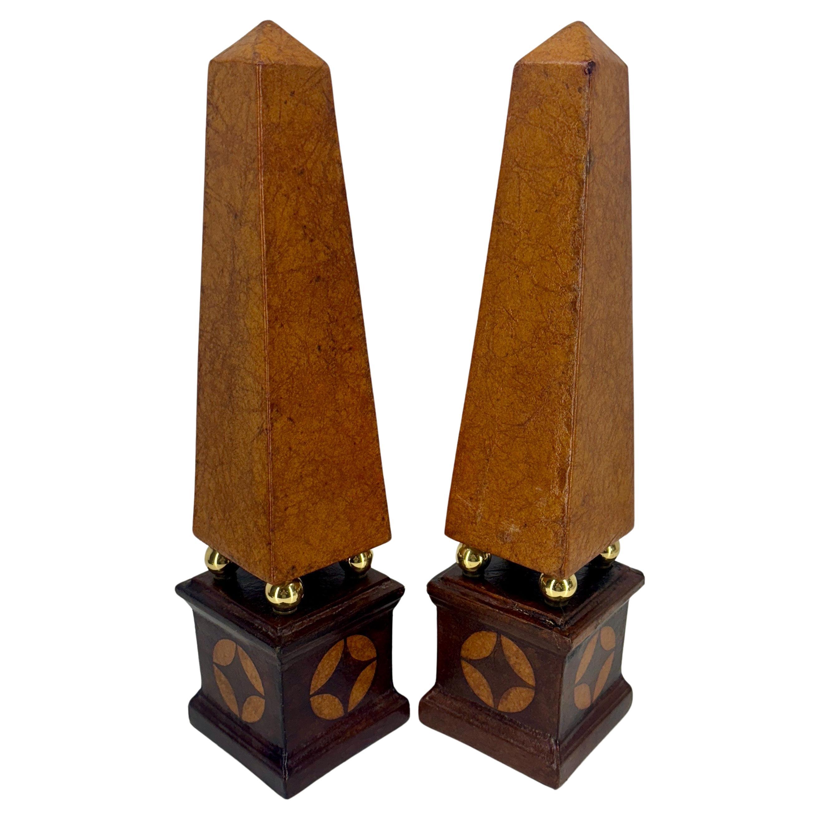 Pair of French Tall Leather Wrapped and Brass Obelisks For Sale 1
