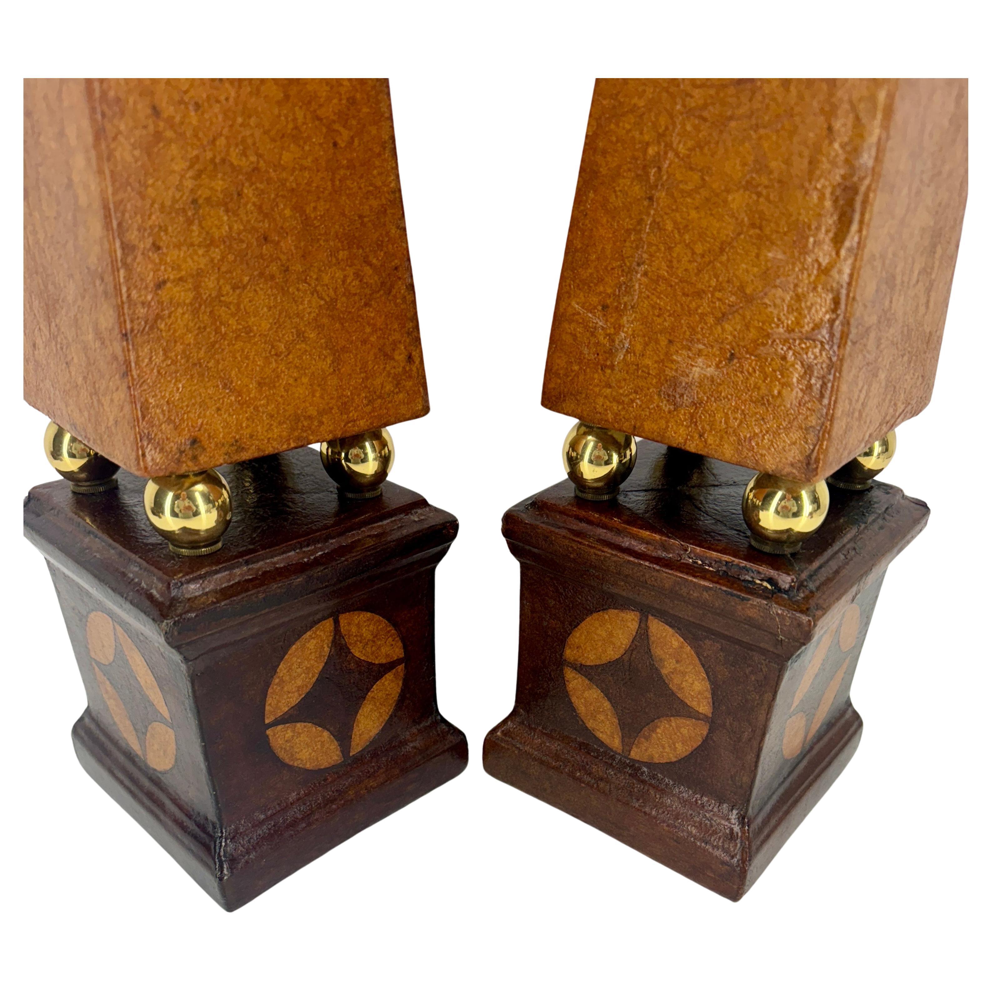 Pair of French Tall Leather Wrapped and Brass Obelisks For Sale 2