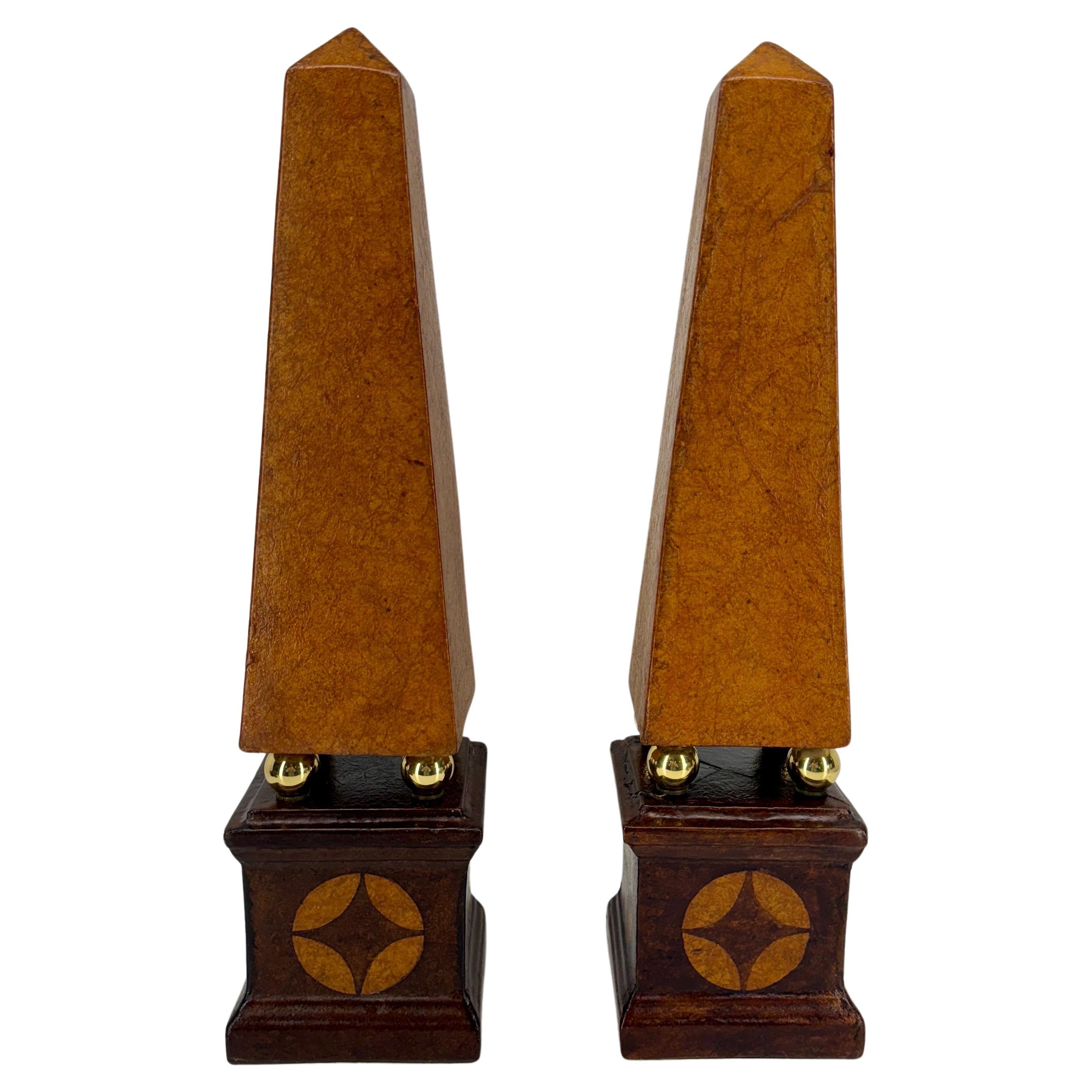 Pair of French Tall Leather Wrapped and Brass Obelisks For Sale