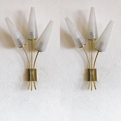 Pair of French Tall Maison Arlus Brass Glass Three-Light Wall Sconces, 1950s