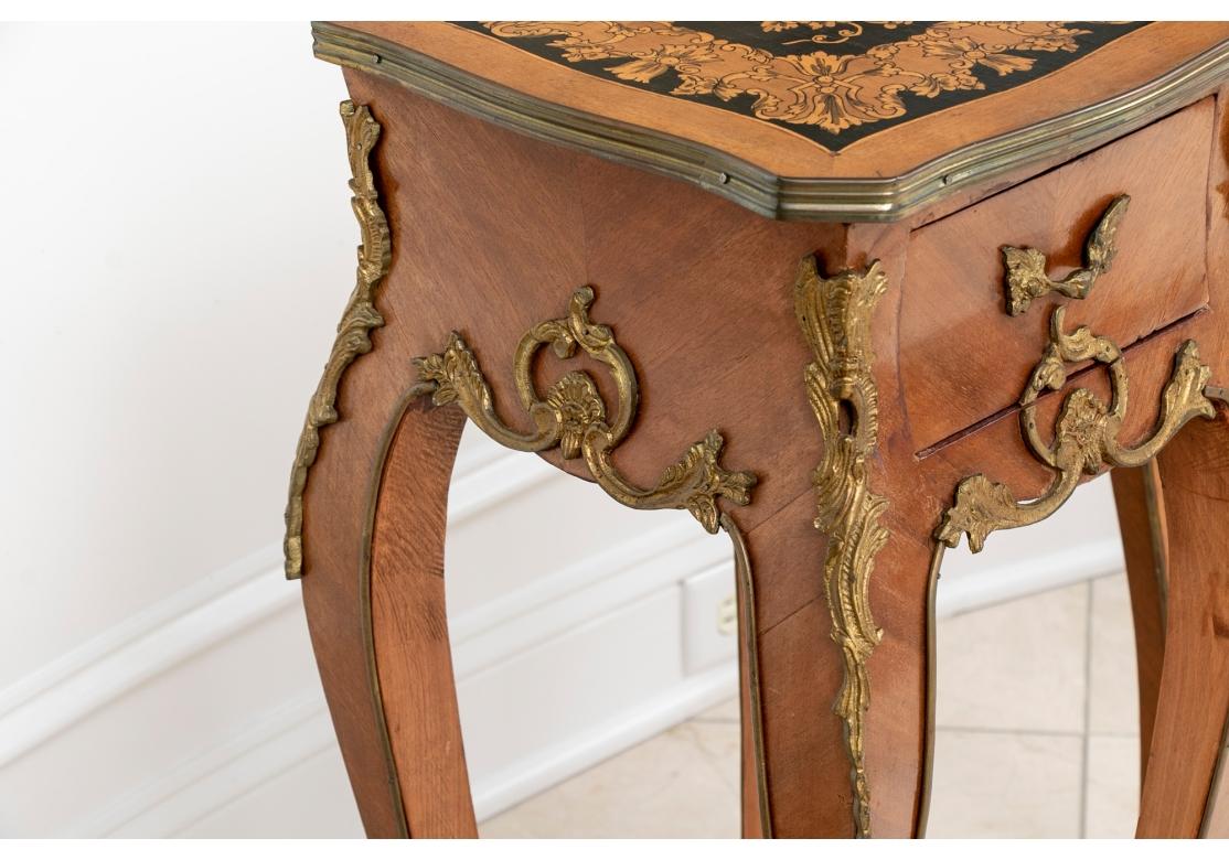 Bronze Pair of French Tall Marquetry Decorated End Tables For Sale