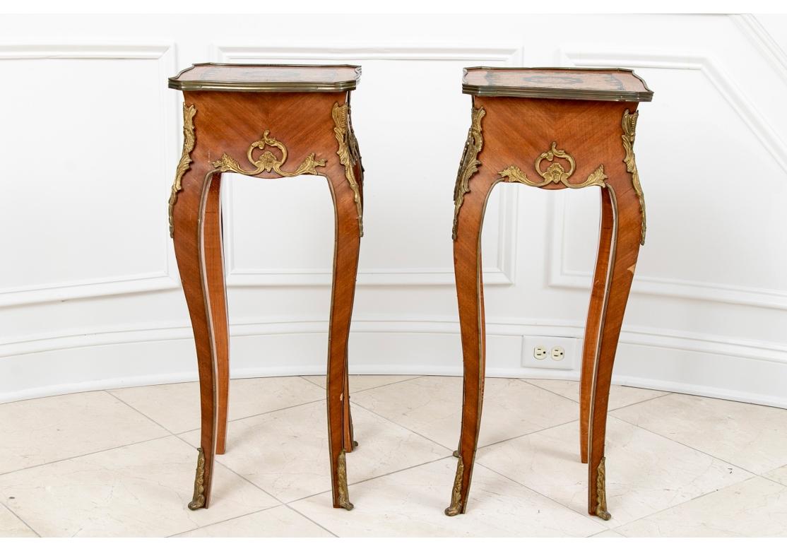 Pair of French Tall Marquetry Decorated End Tables For Sale 1