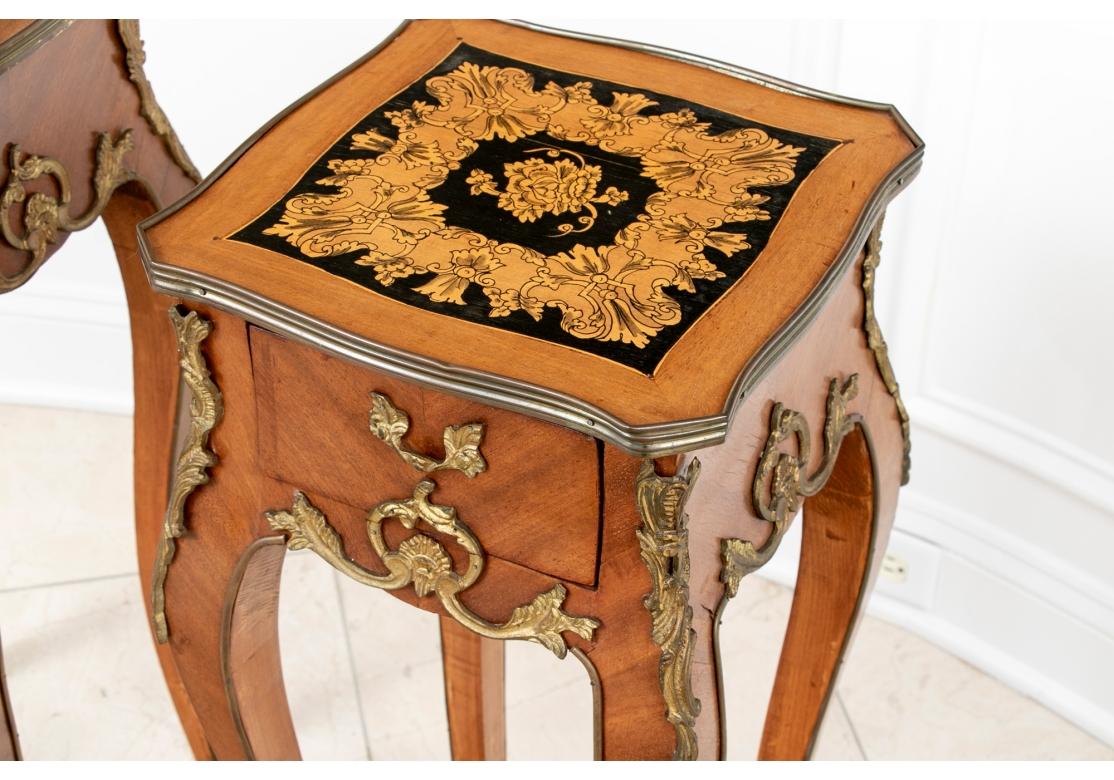 Pair of French Tall Marquetry Decorated End Tables For Sale 2