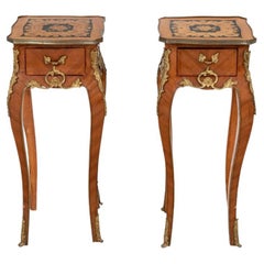 Pair of French Tall Marquetry Decorated End Tables