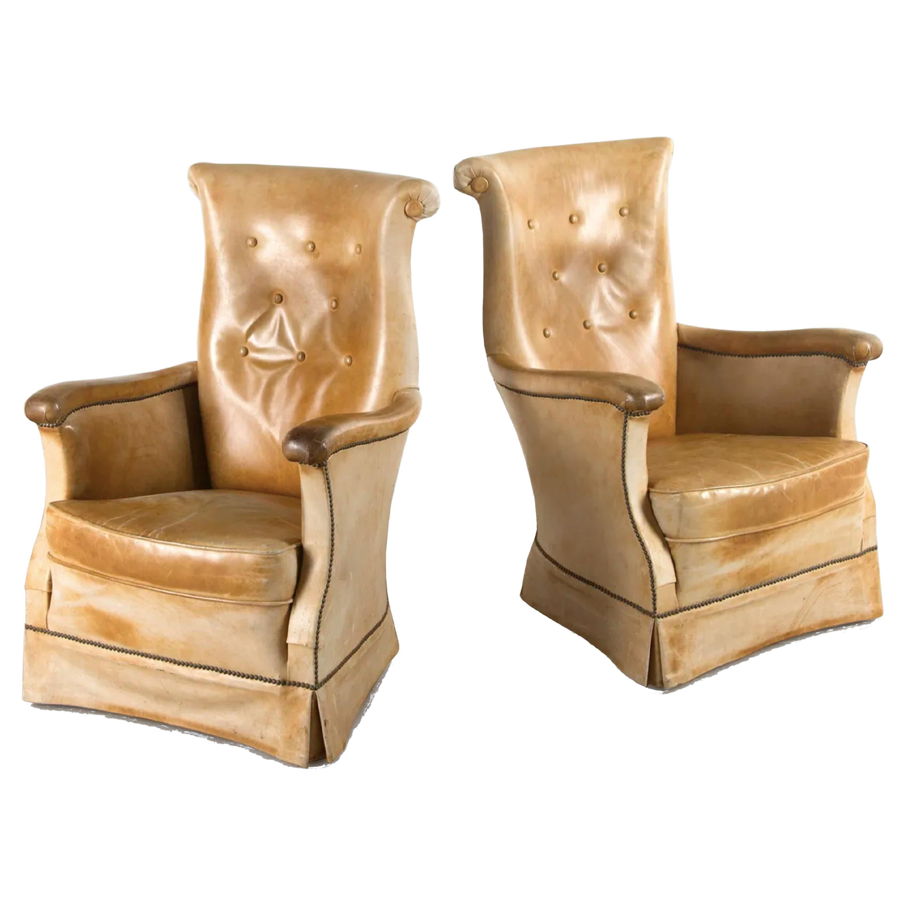 Paire de chaises françaises en cuir brun clair en vente