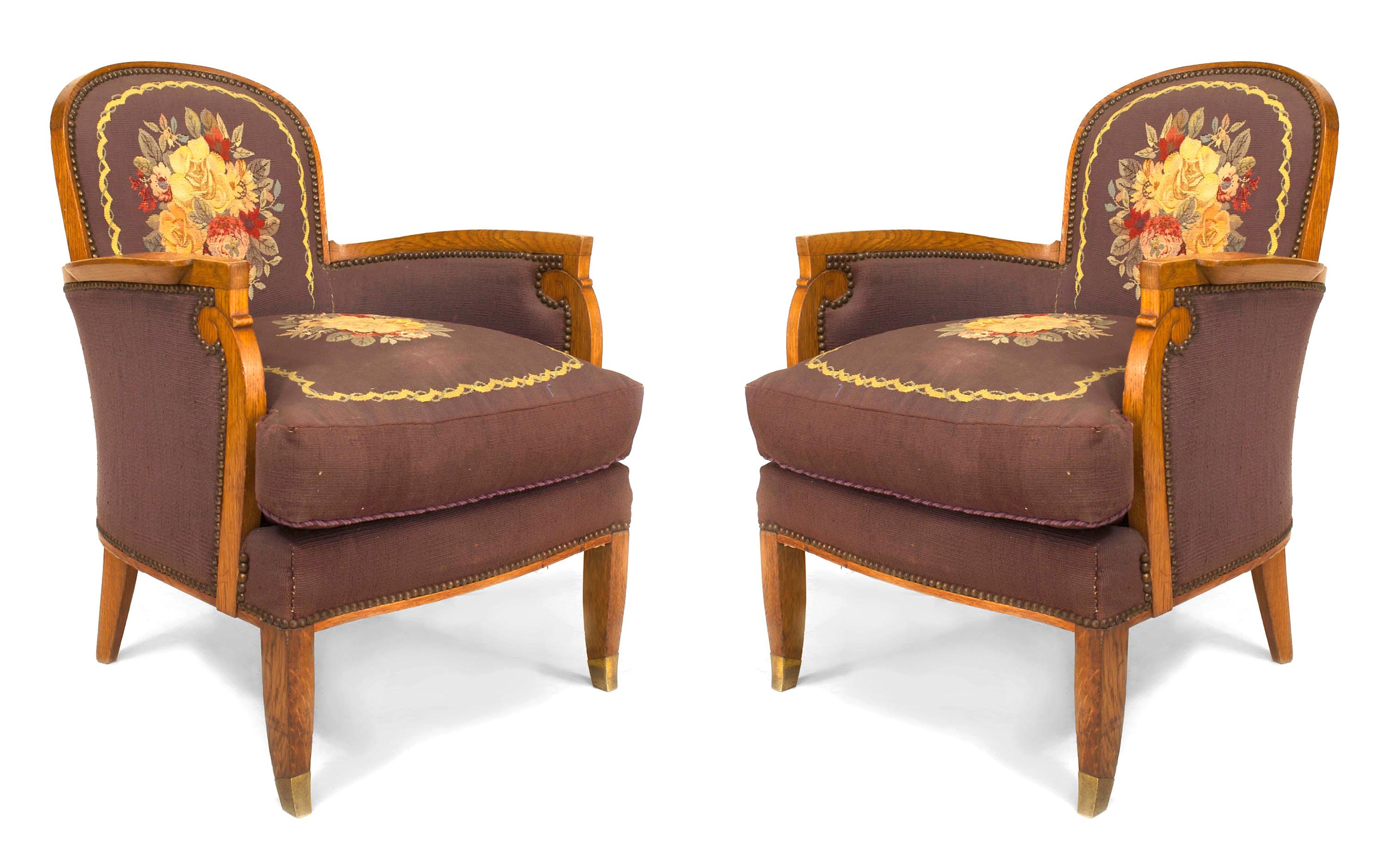 Pair of French Art Deco (Circa 1940) berger√©s Armchairs with tapestry upholstery having a round back and scroll design arm (by JULES LELEU) (Reference: Decorateurs Ensemble, Francoise Siriex) (PRICED AS Pair)
