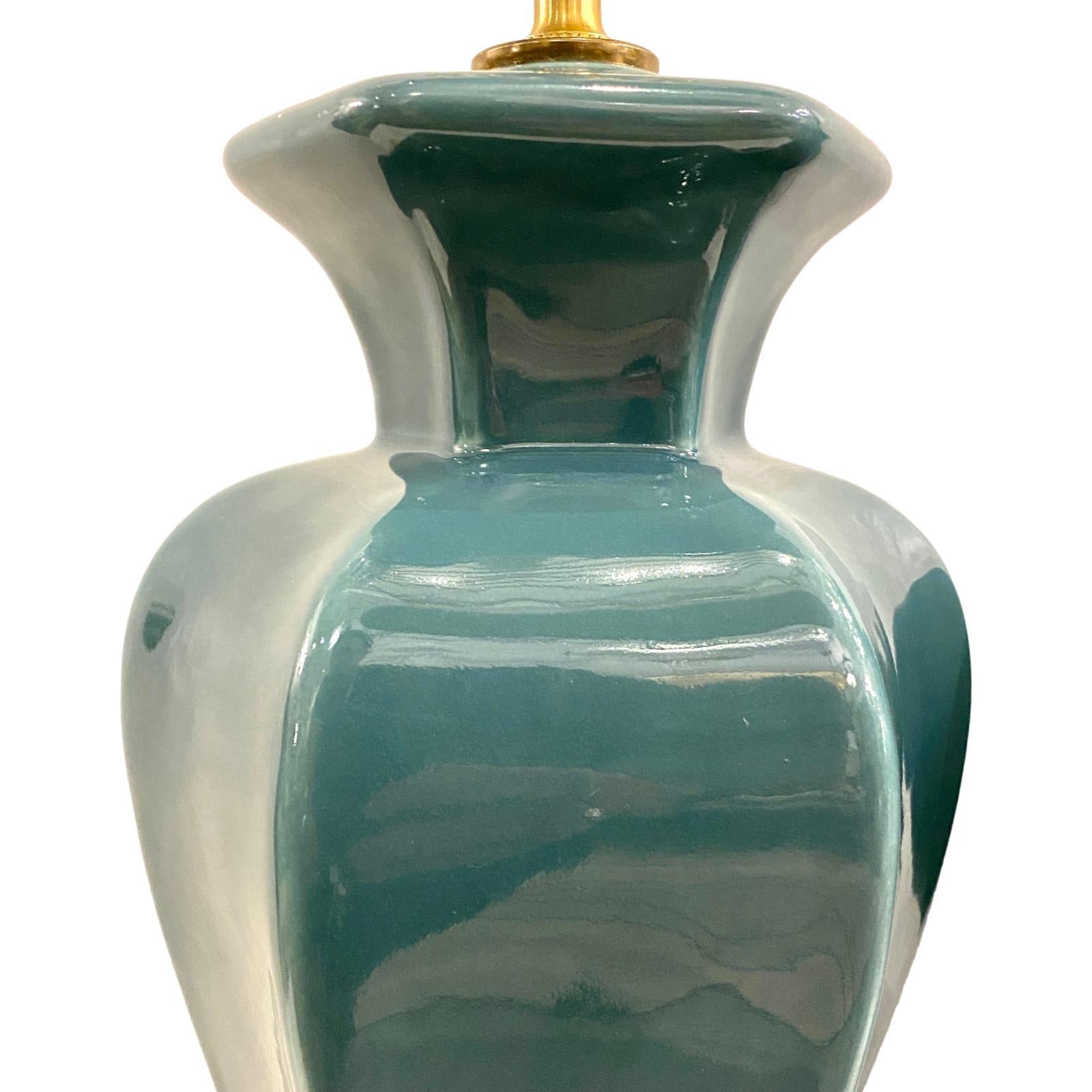 Pair of French Teal Porcelain Lamps In Good Condition In New York, NY