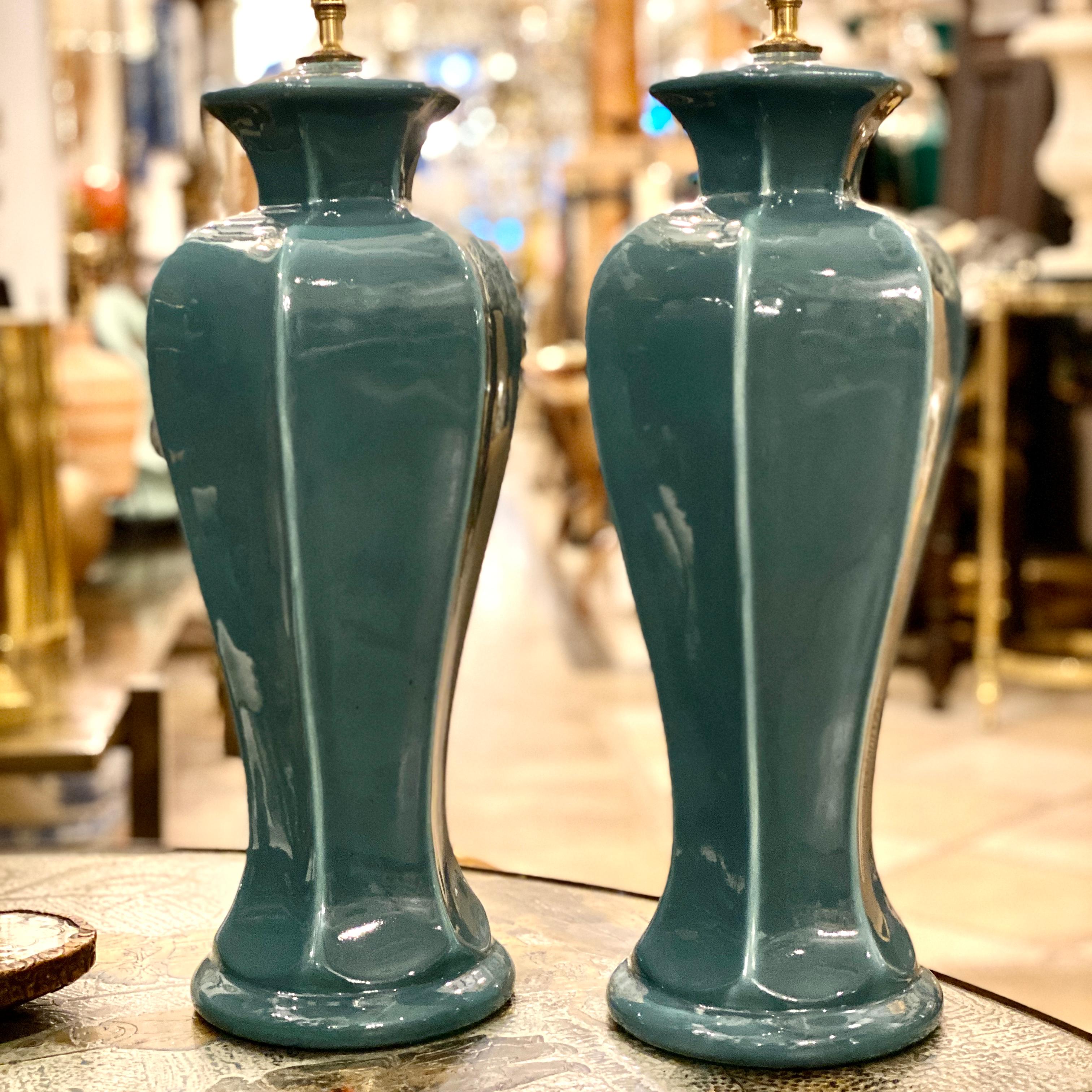 Mid-20th Century Pair of French Teal Porcelain Lamps