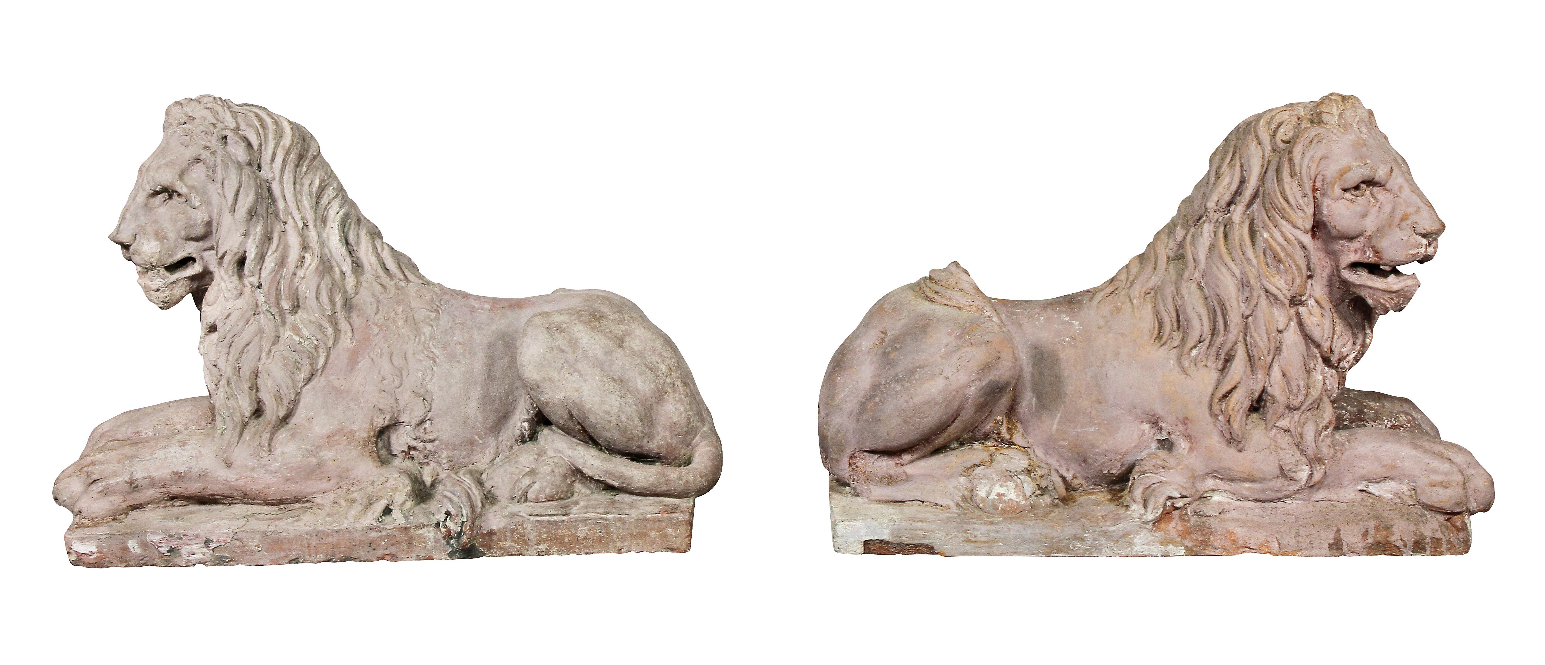 Pair of French Terracotta Figures of Crouching Lions 3