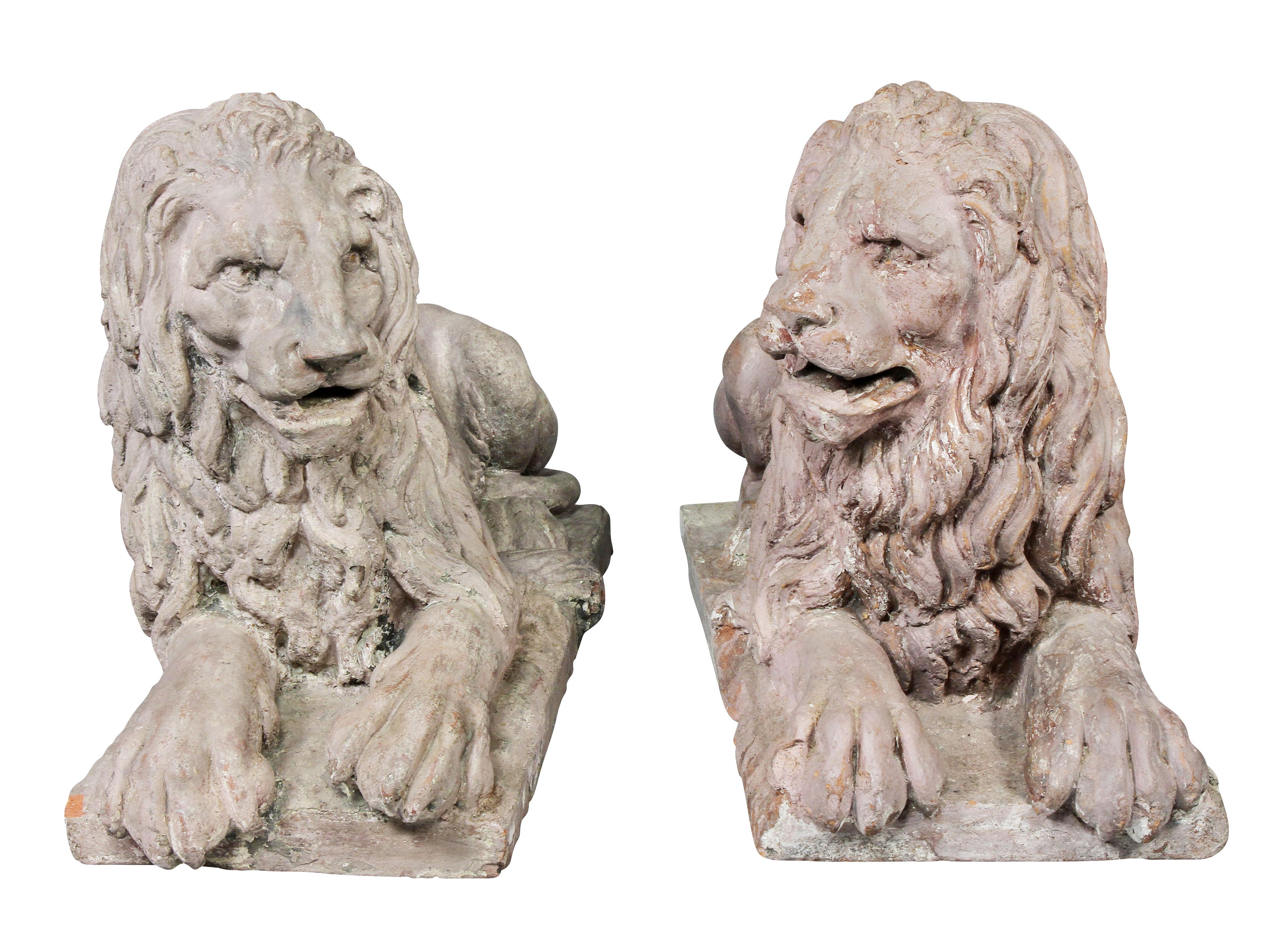 Pair of French Terracotta Figures of Crouching Lions 4