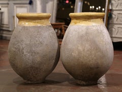 Pair of French Terracotta and Yellow Glazed Olive Jars from Provence