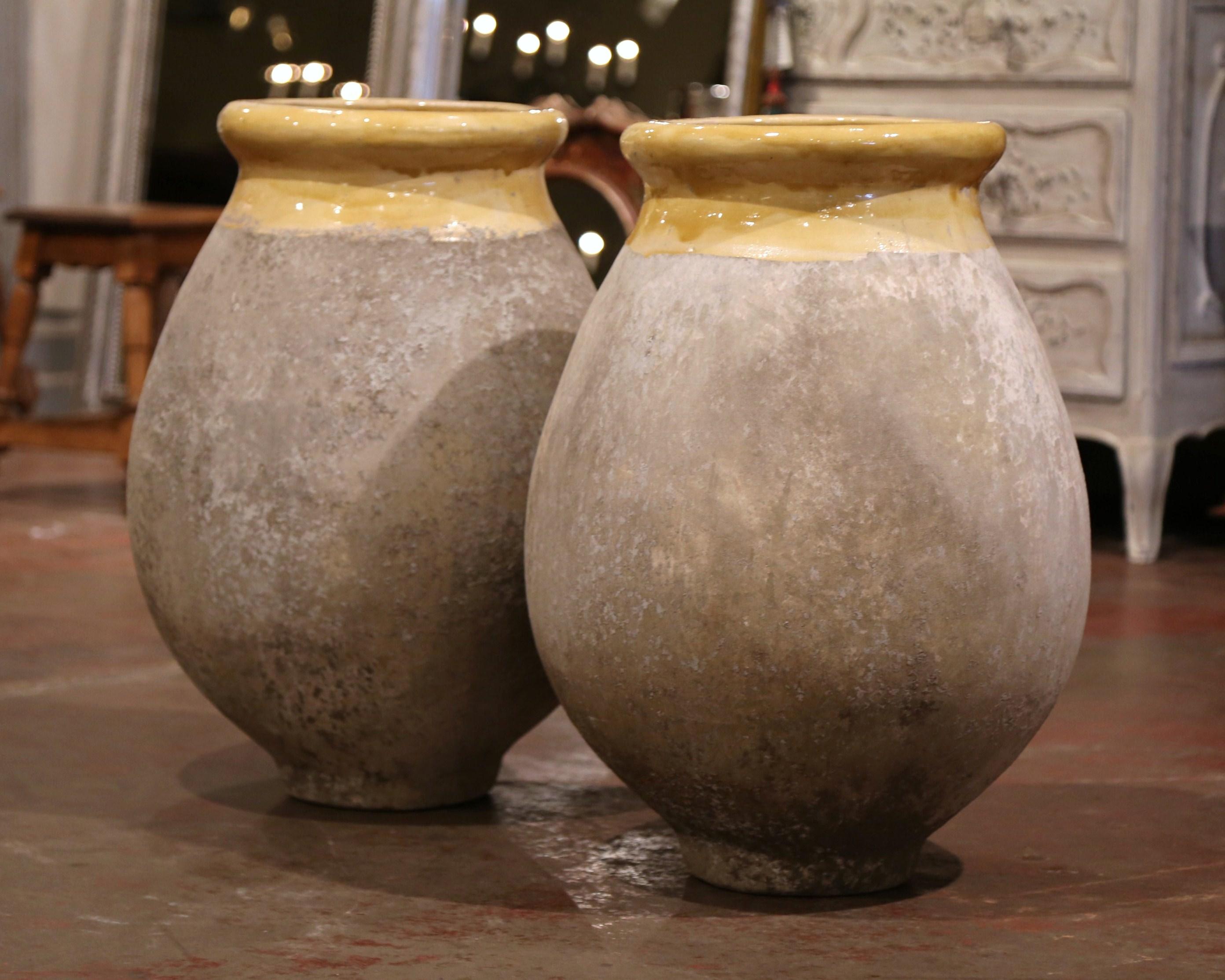 Hand-Carved Pair of French Terracotta and Yellow Glazed Olive Jars from Provence