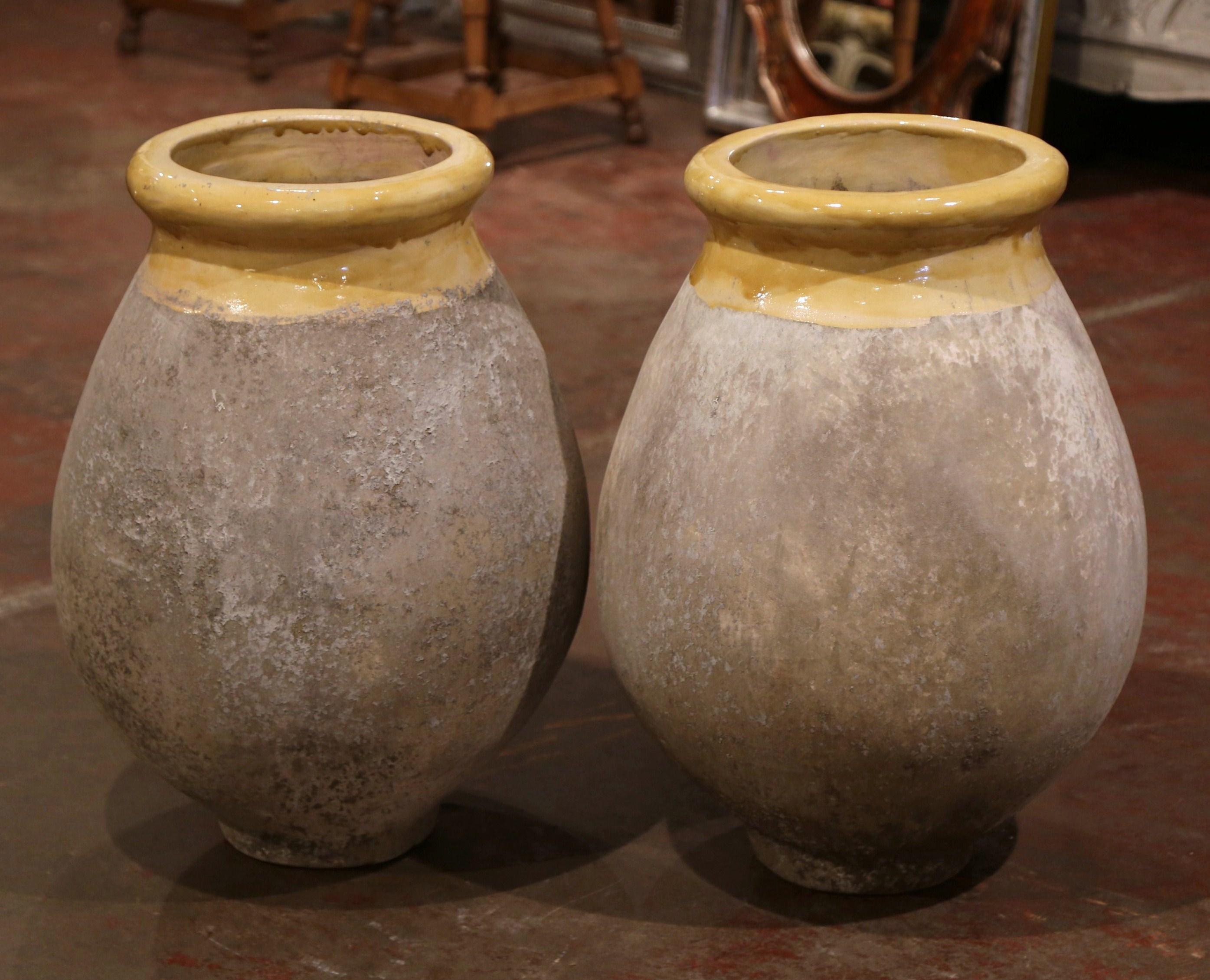 Contemporary Pair of French Terracotta and Yellow Glazed Olive Jars from Provence
