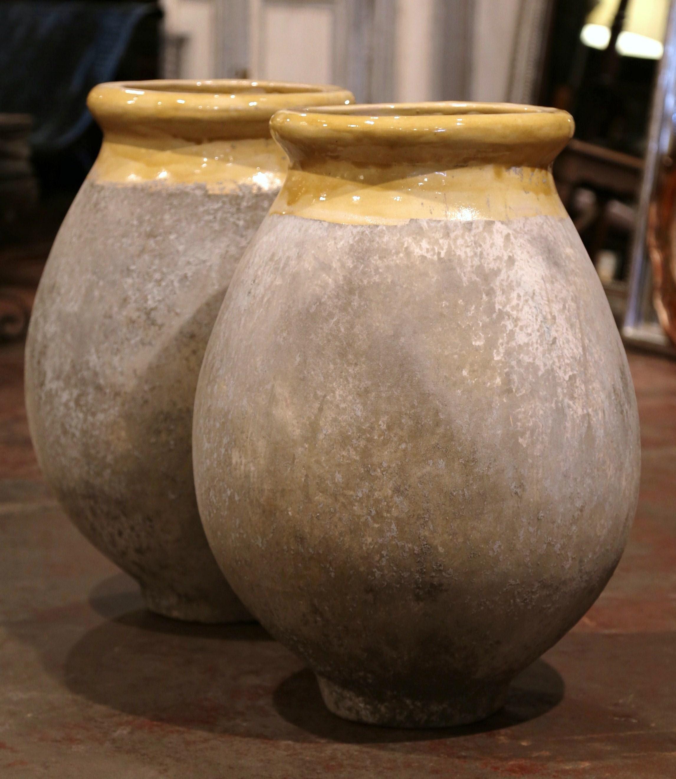 Pair of French Terracotta and Yellow Glazed Olive Jars from Provence 1