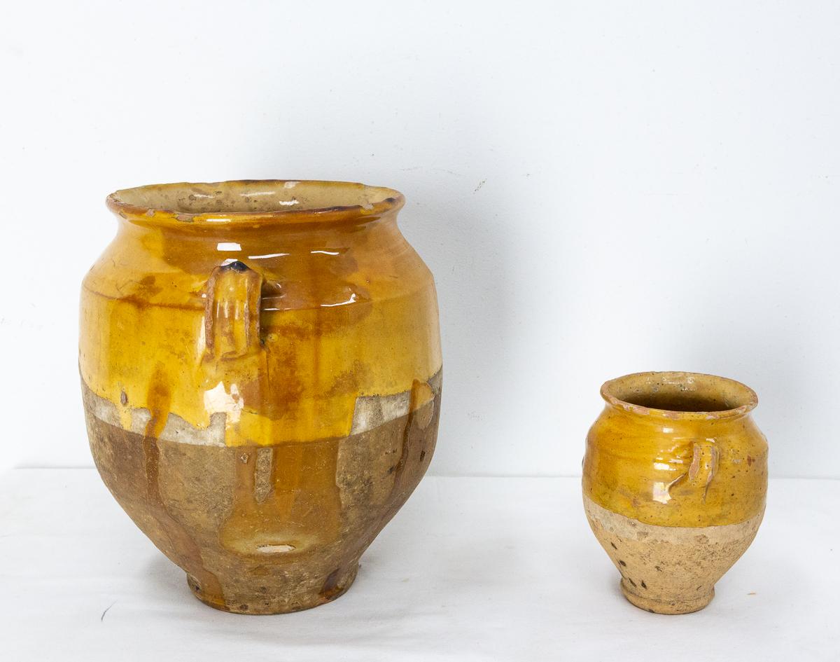 French Provincial Pair of French Terracotta Confit Pot Yellow Glaze Late 19th Century