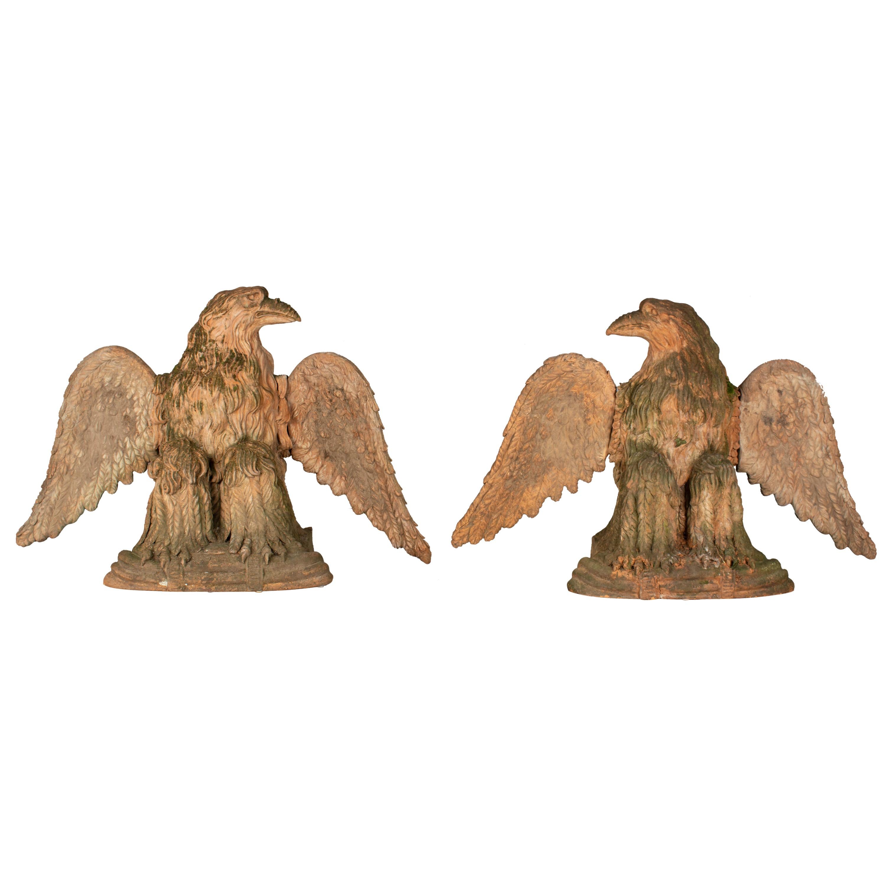 Pair of French Terracotta Garden Eagles Statues