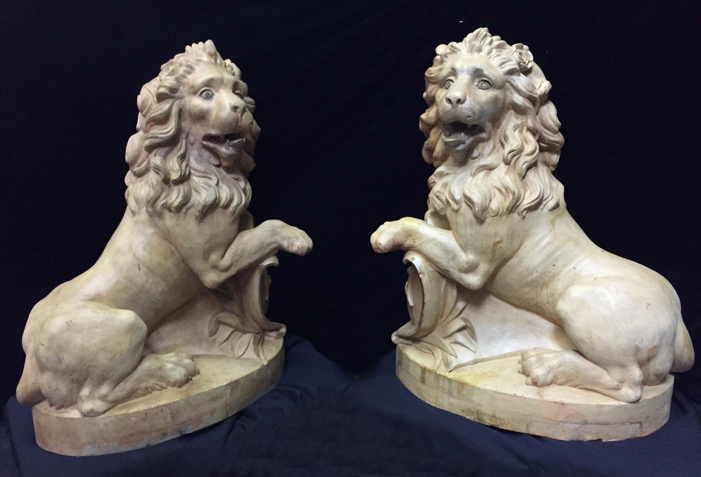 Molded Pair of French Terracotta Lions, 19th Century Stamped