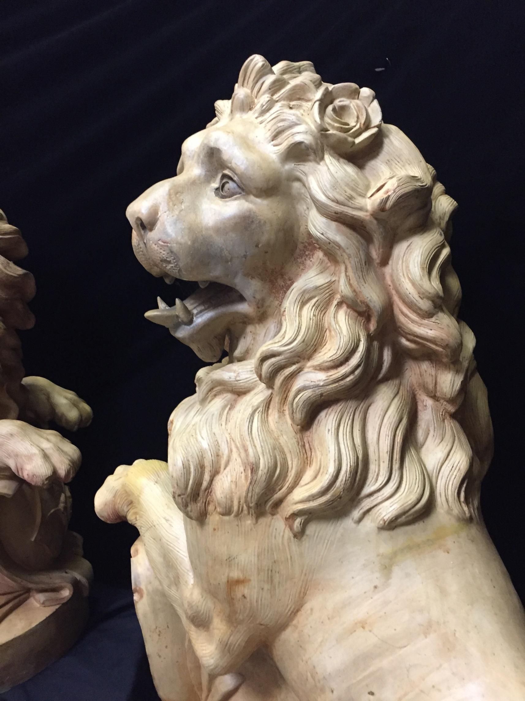 Pair of French Terracotta Lions, 19th Century Stamped In Good Condition In Cypress, CA