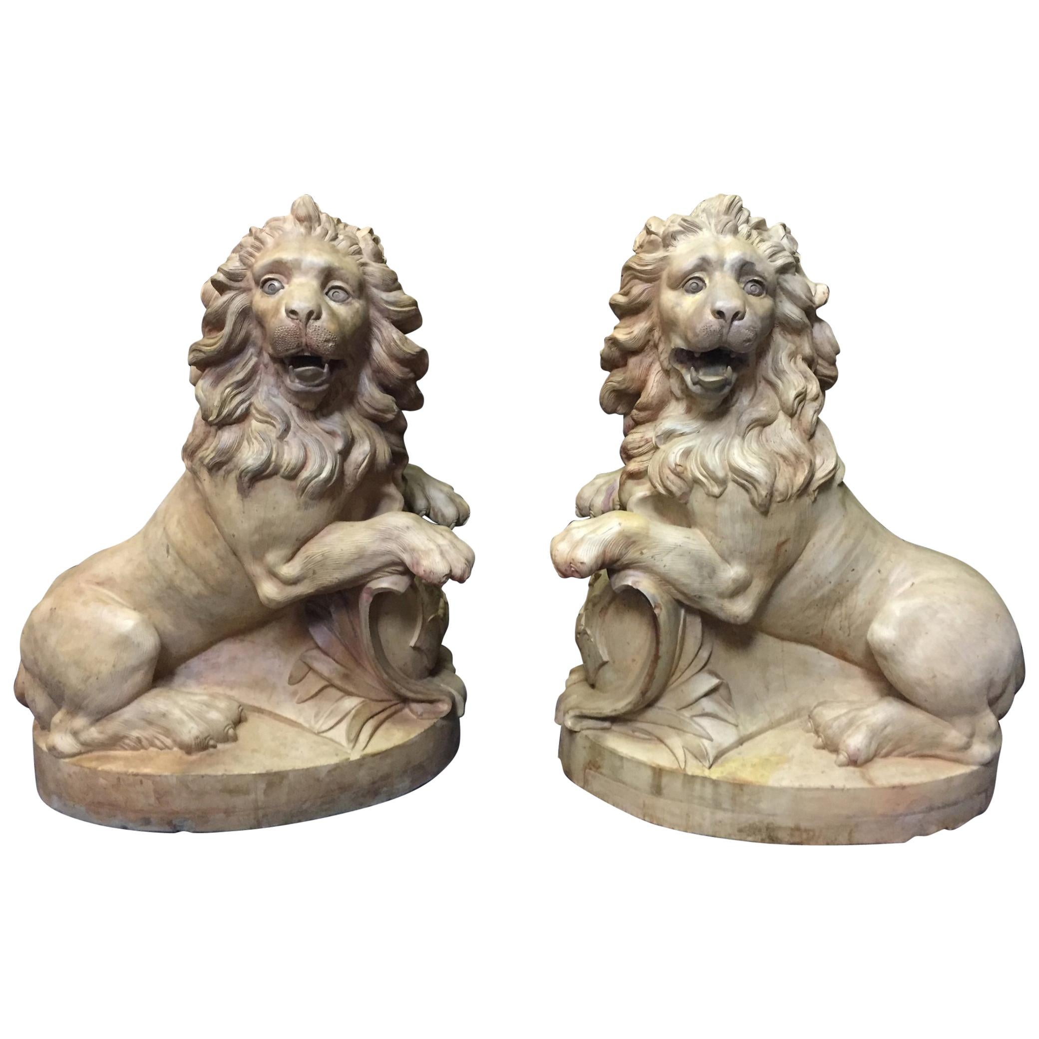 Pair of French Terracotta Lions, 19th Century Stamped