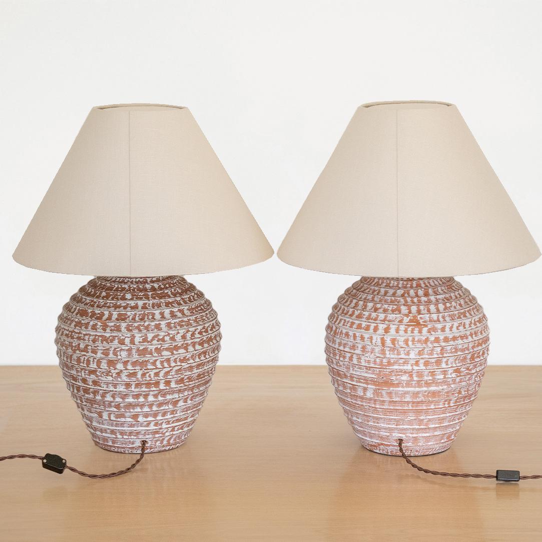 Brass Pair of French Terracotta Table Lamps