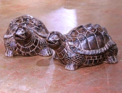 Pair of French Terracotta Turtle Sculptures with Aged Patina