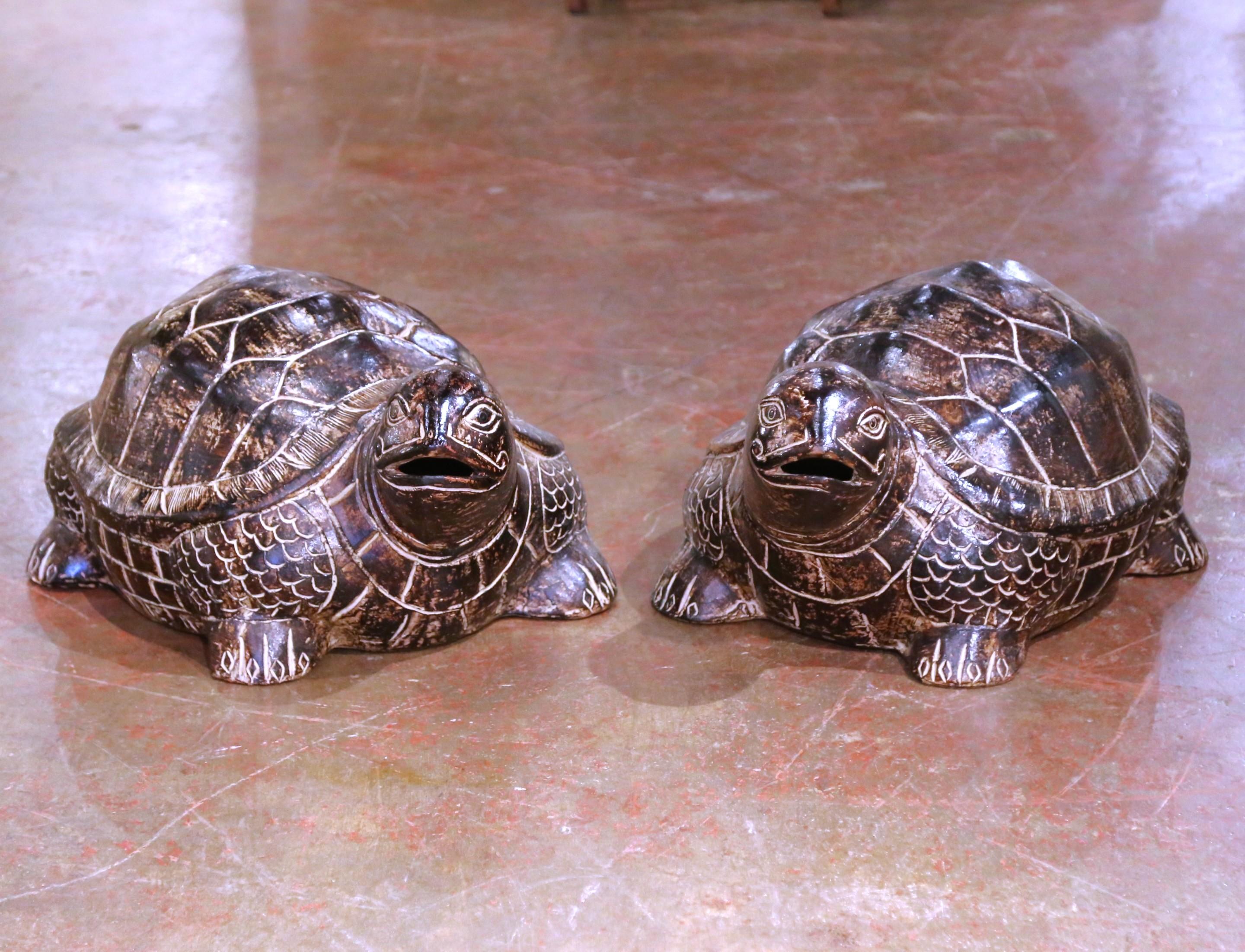 Hand-Carved Pair of French Terracotta Turtle Sculptures with Aged Patina For Sale