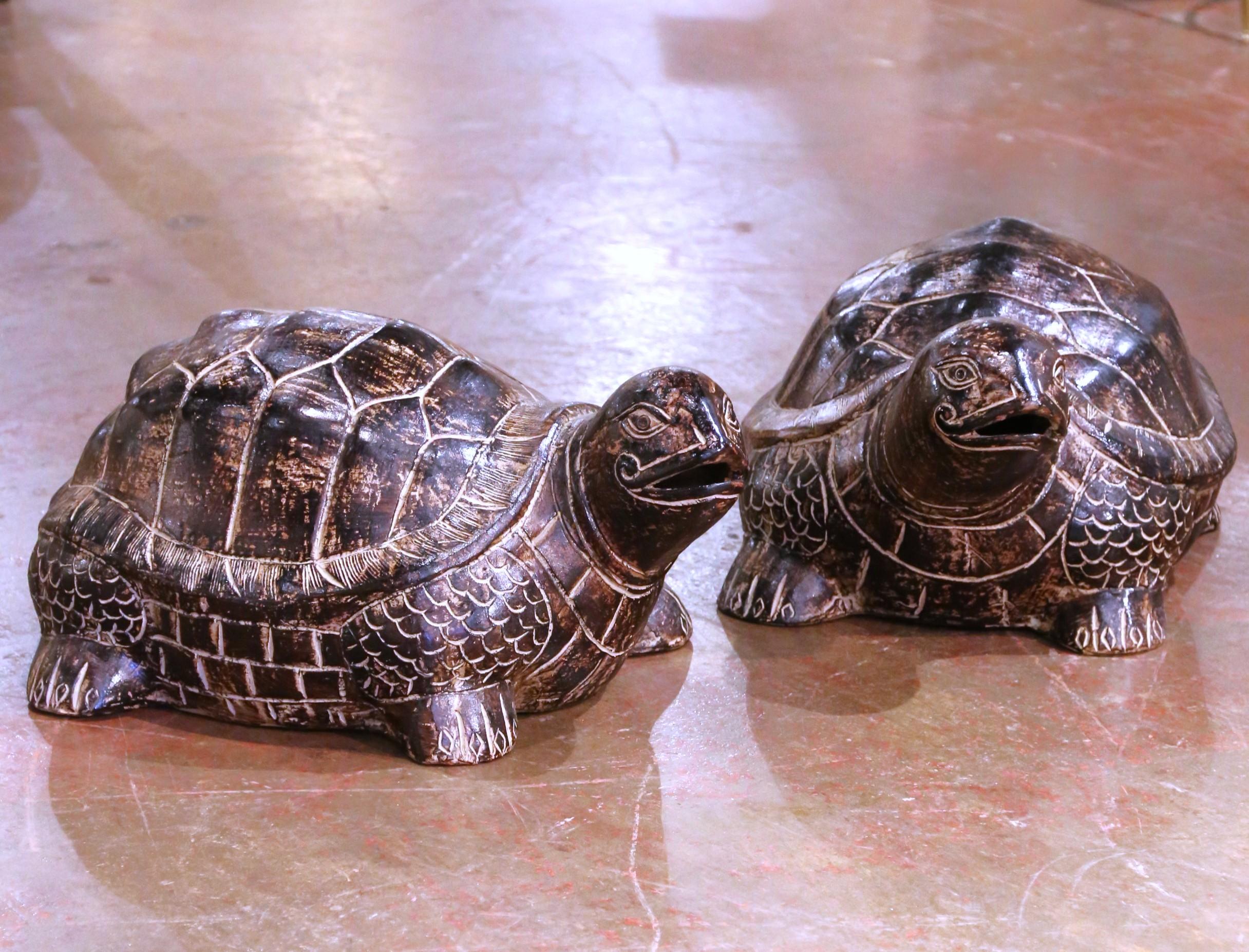Contemporary Pair of French Terracotta Turtle Sculptures with Aged Patina For Sale