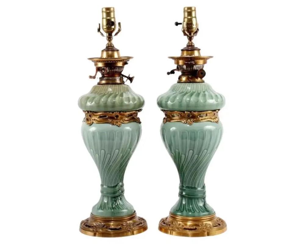 Pair of French Theodore Deck Ormolu-Mounted Celadon Porcelain Lamps For Sale