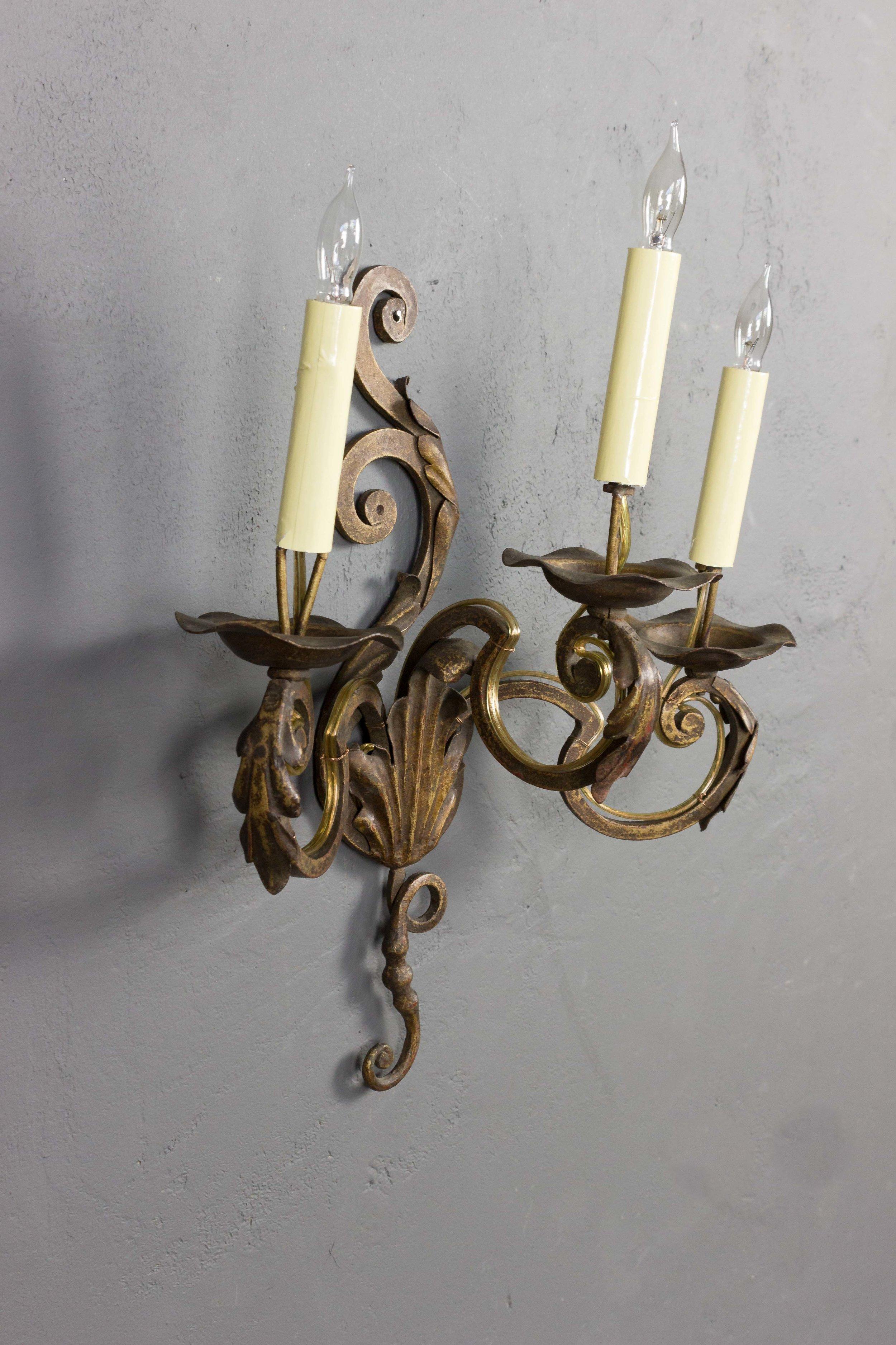 Early 20th Century Pair of French Three-Arm Louis XV Style Sconces For Sale