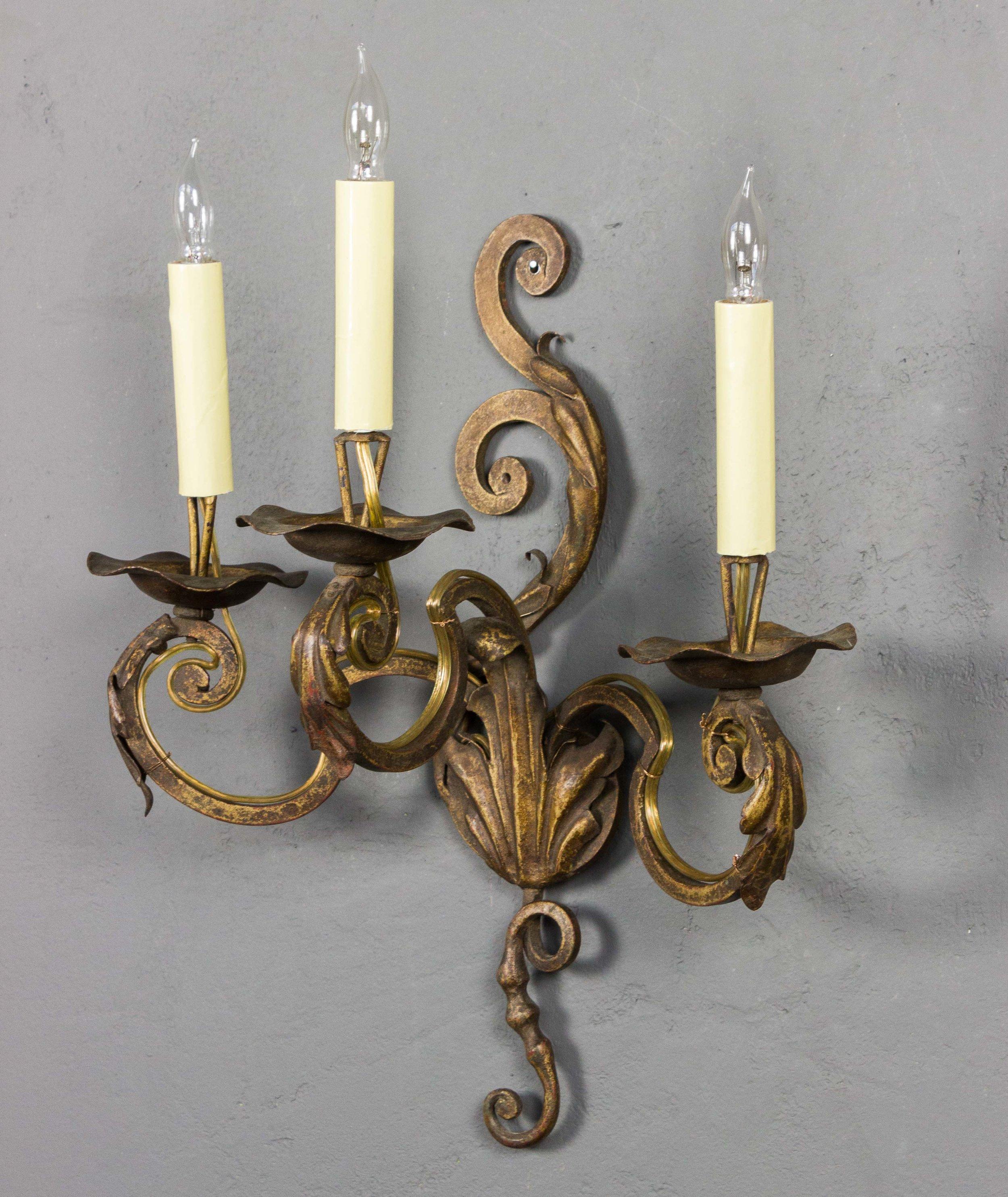 Wrought Iron Pair of French Three-Arm Louis XV Style Sconces For Sale