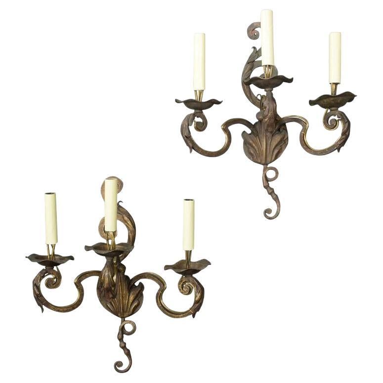 Pair of French Three-Arm Louis XV Style Sconces For Sale