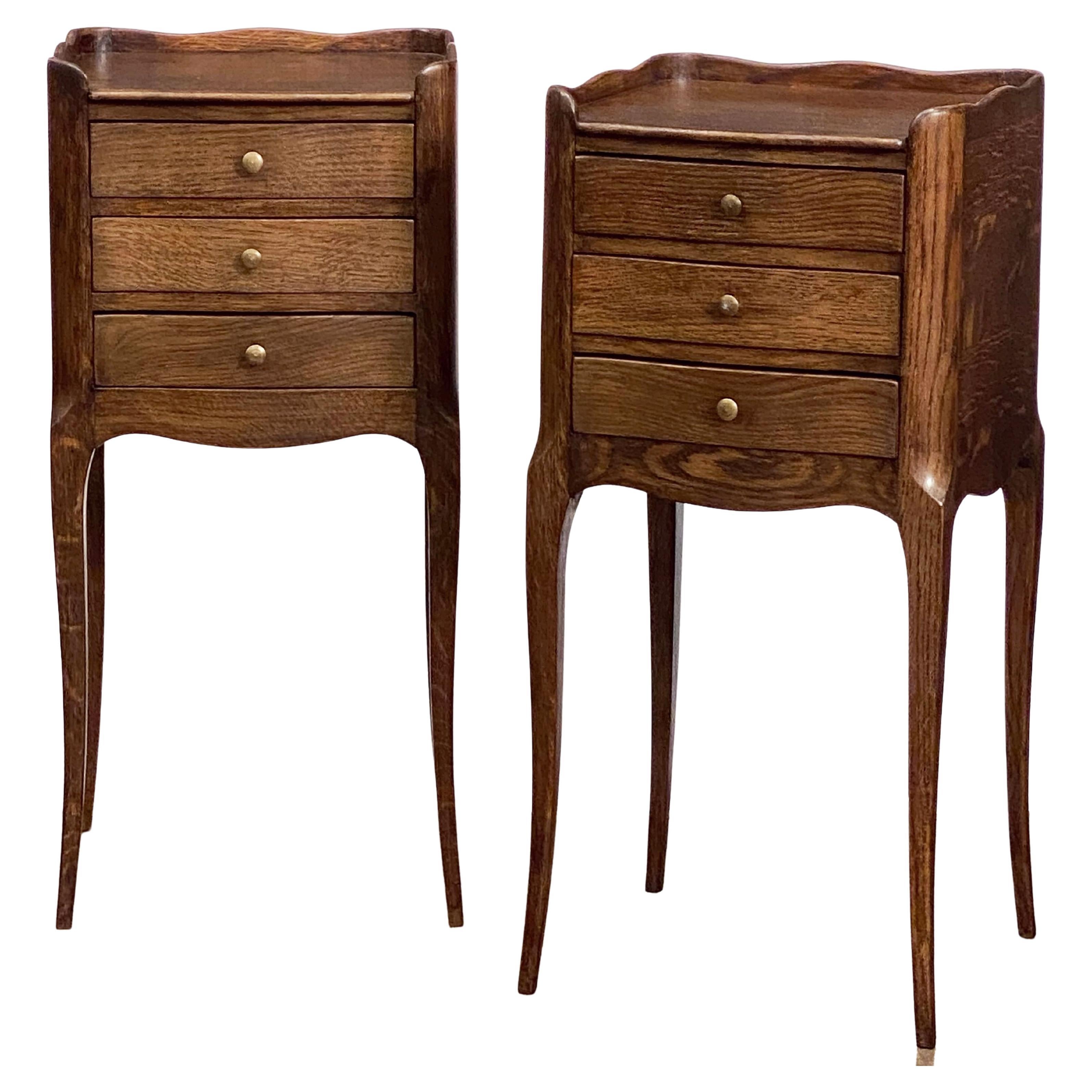 Pair of French Three-Drawer Bedside End Tables or Nightstands of Oak
