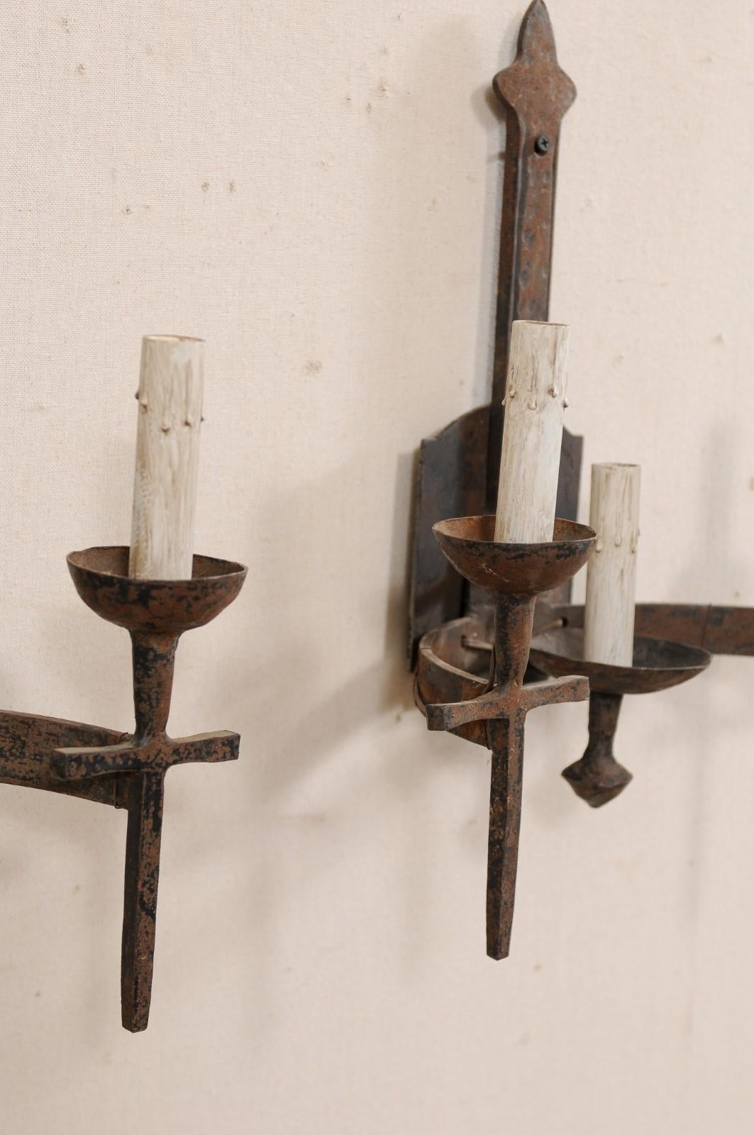 Pair of French Three-Light Midcentury Torch-Style Iron Sconces For Sale 4