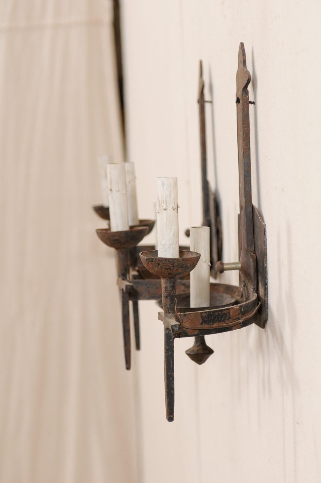 Pair of French Three-Light Midcentury Torch-Style Iron Sconces For Sale 5