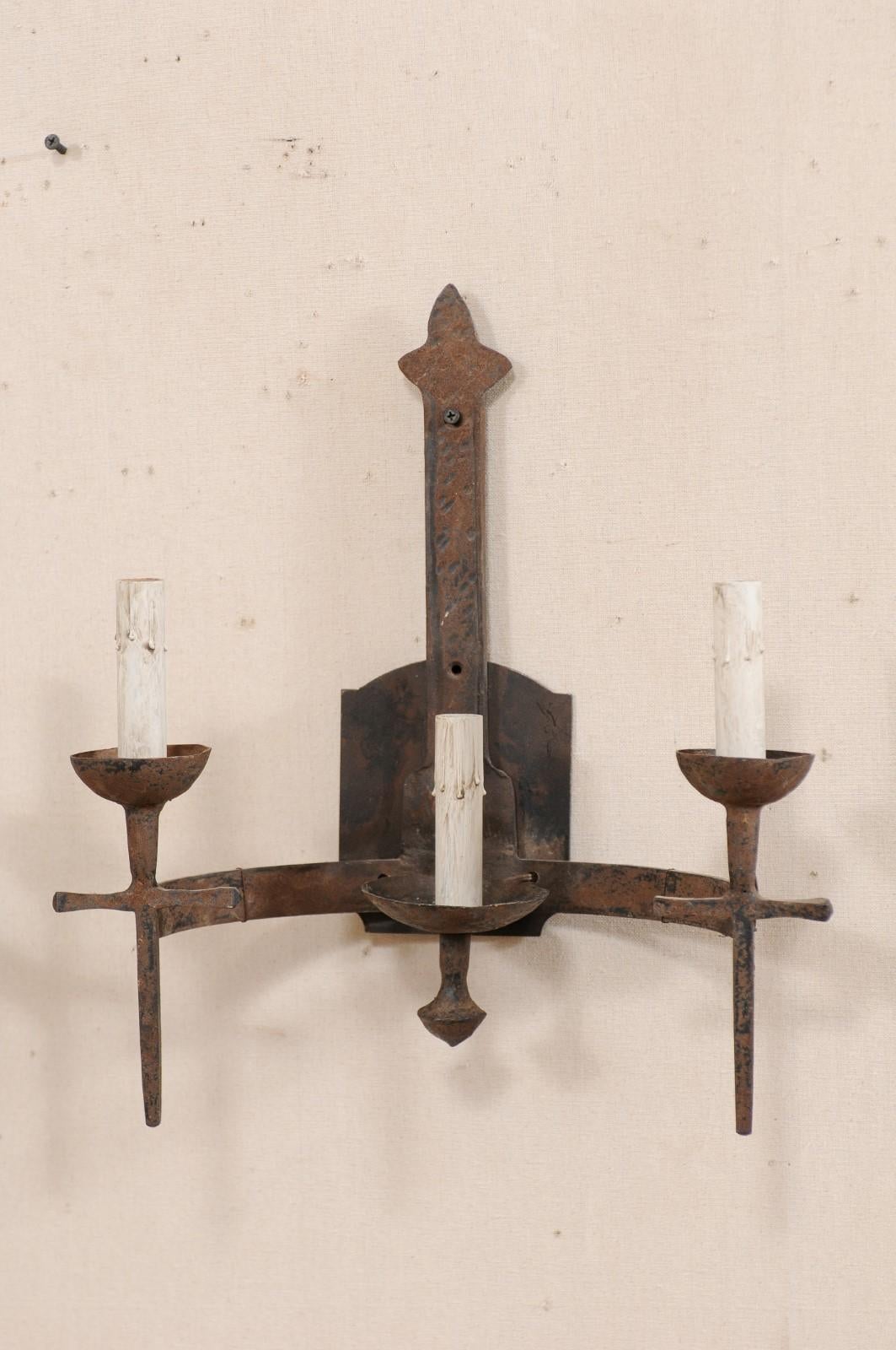 20th Century Pair of French Three-Light Midcentury Torch-Style Iron Sconces For Sale