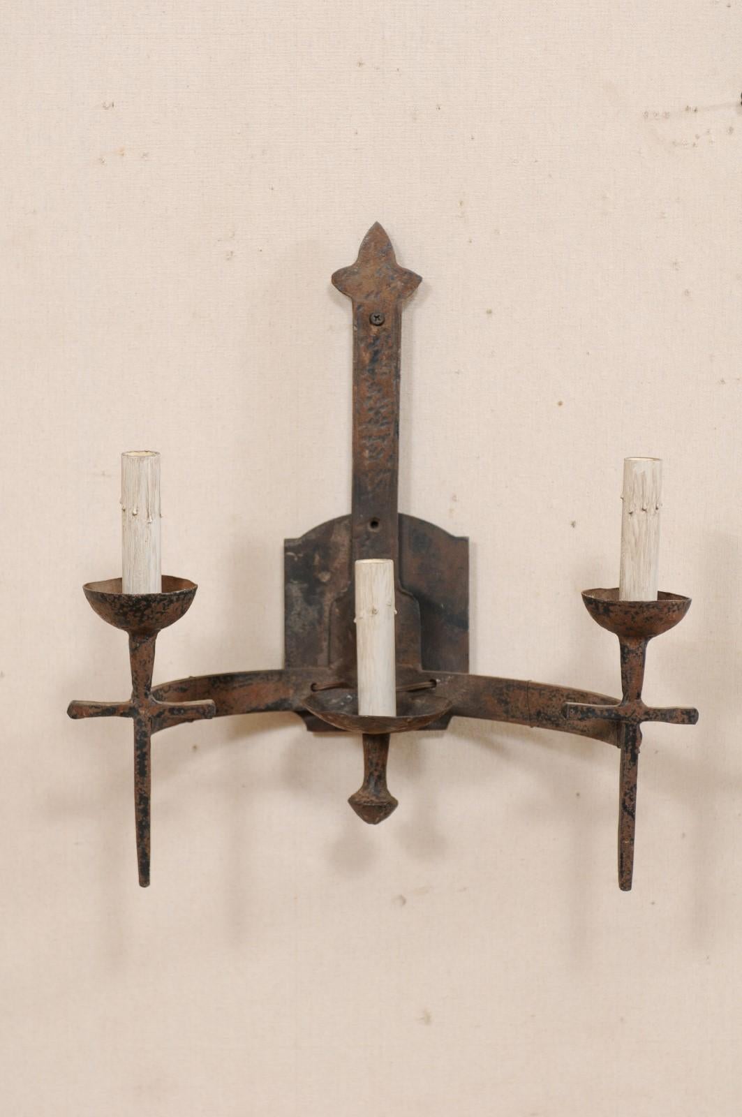 Metal Pair of French Three-Light Midcentury Torch-Style Iron Sconces For Sale