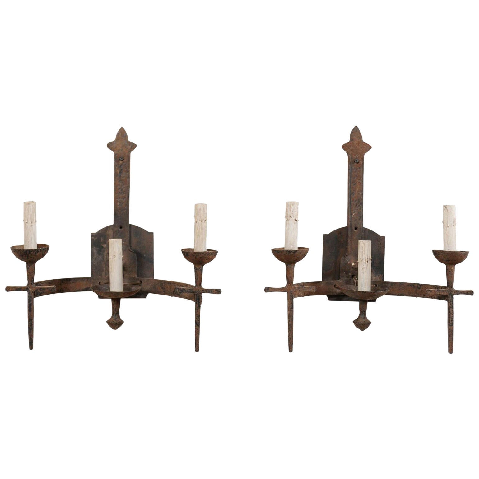 Pair of French Three-Light Torch-Style Iron Sconces