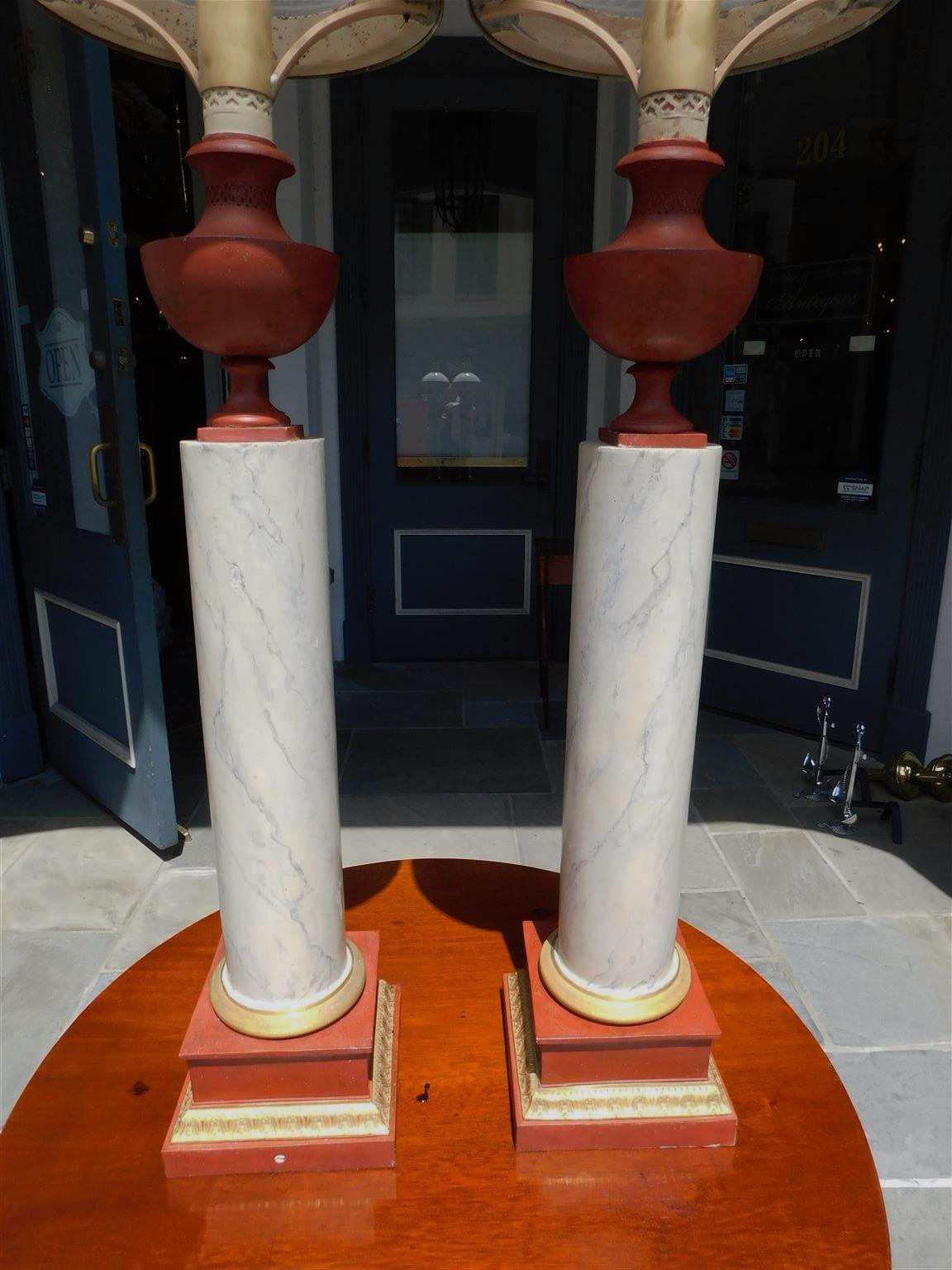 Pair of French Tole and Faux Marble Column Table Lamps, Originally Oil, C. 1820 For Sale 4