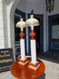 Pair of French Tole and Faux Marble Column Table Lamps, Originally Oil, C. 1820
