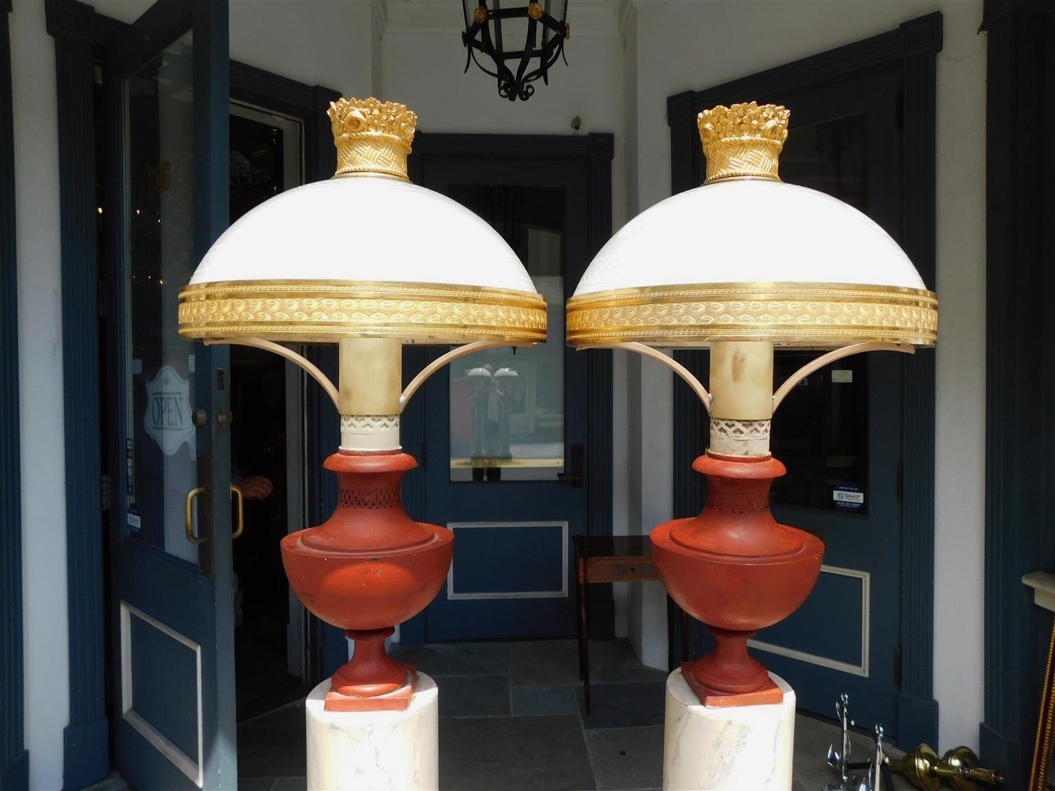 Louis Philippe Pair of French Tole and Faux Marble Column Table Lamps, Originally Oil, C. 1820 For Sale