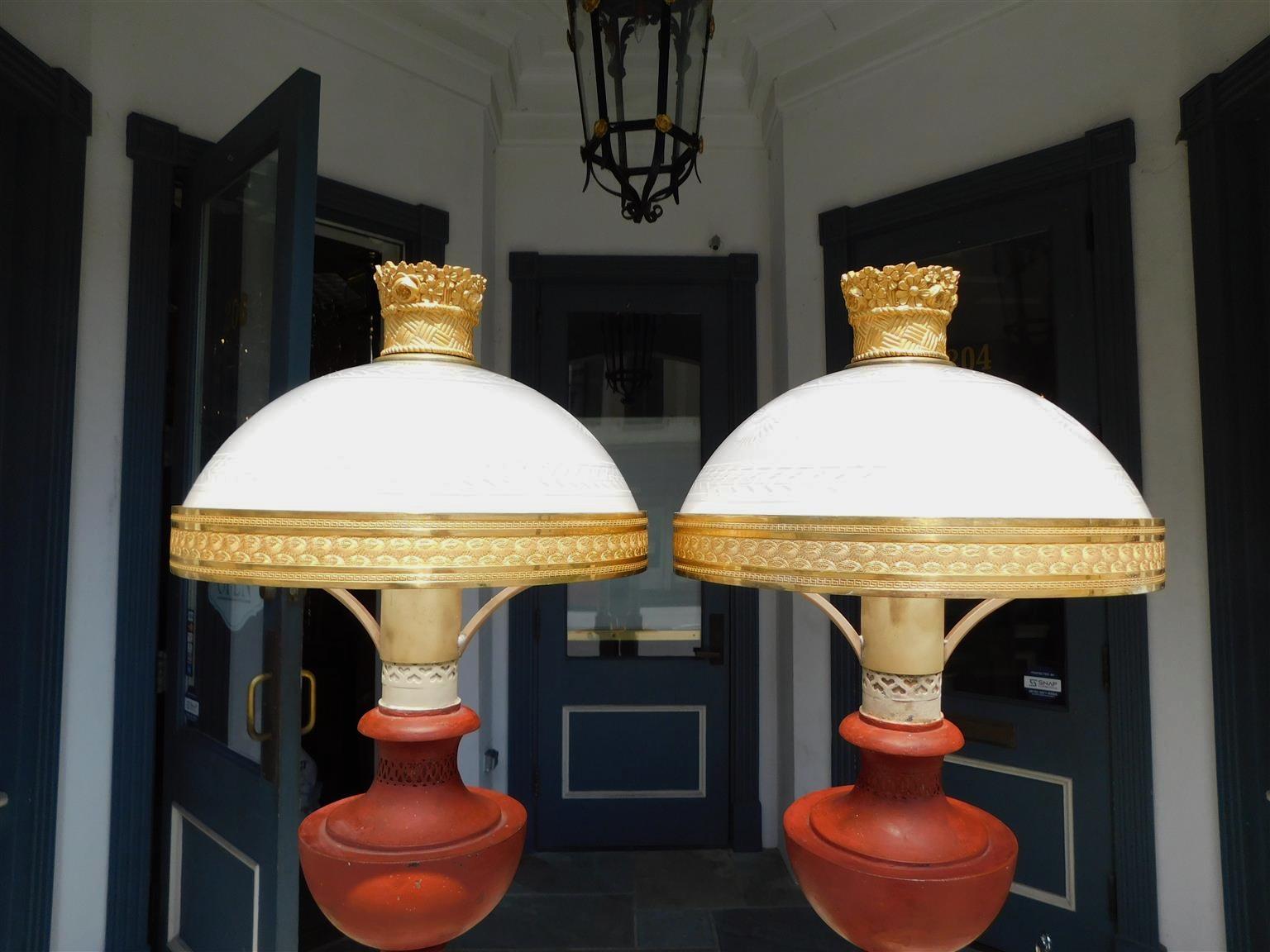 Hand-Painted Pair of French Tole and Faux Marble Column Table Lamps, Originally Oil, C. 1820 For Sale