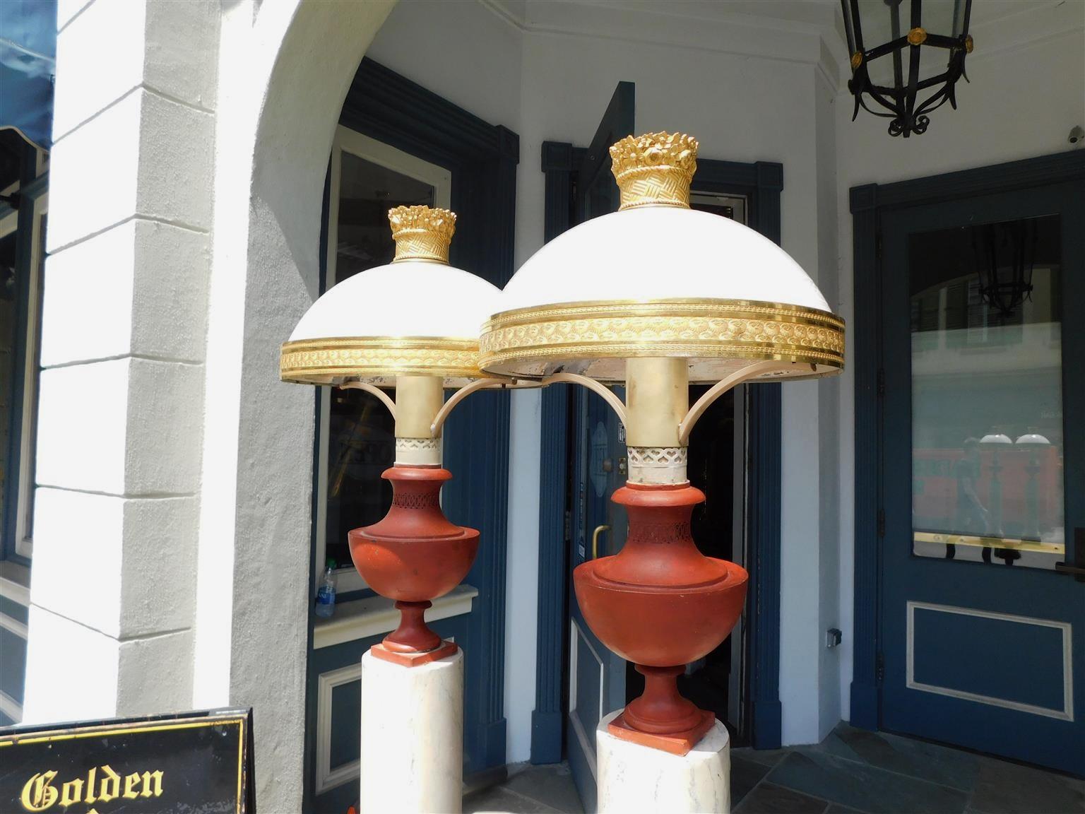 Pair of French Tole and Faux Marble Column Table Lamps, Originally Oil, C. 1820 In Excellent Condition For Sale In Hollywood, SC