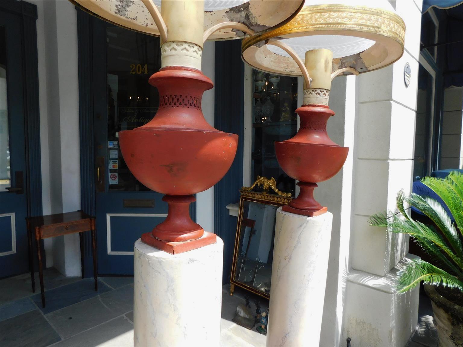 Pair of French Tole and Faux Marble Column Table Lamps, Originally Oil, C. 1820 For Sale 1