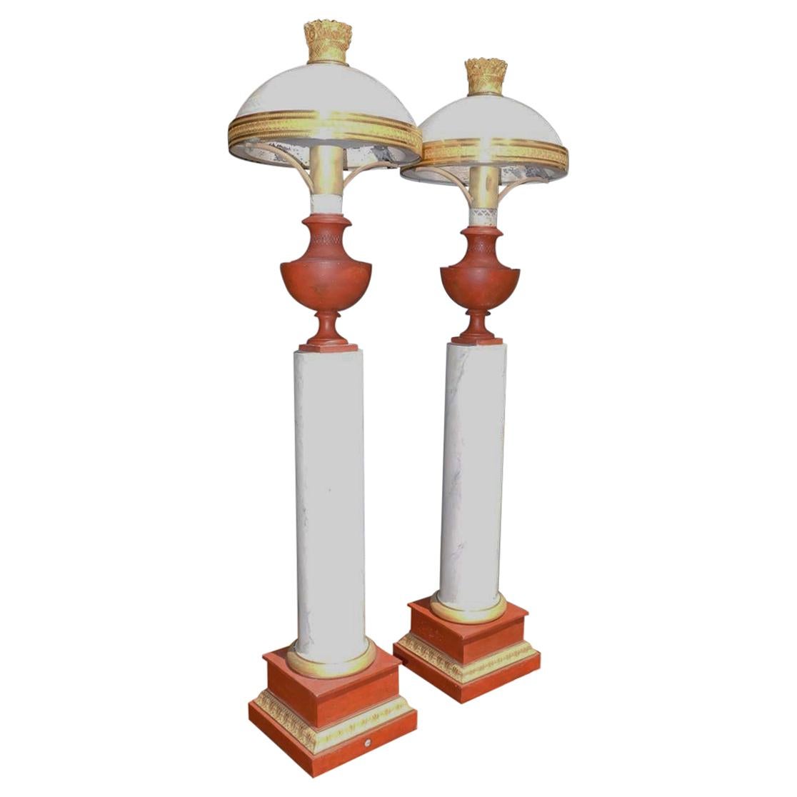 Pair of French Tole and Faux Marble Column Table Lamps, Originally Oil, C. 1820