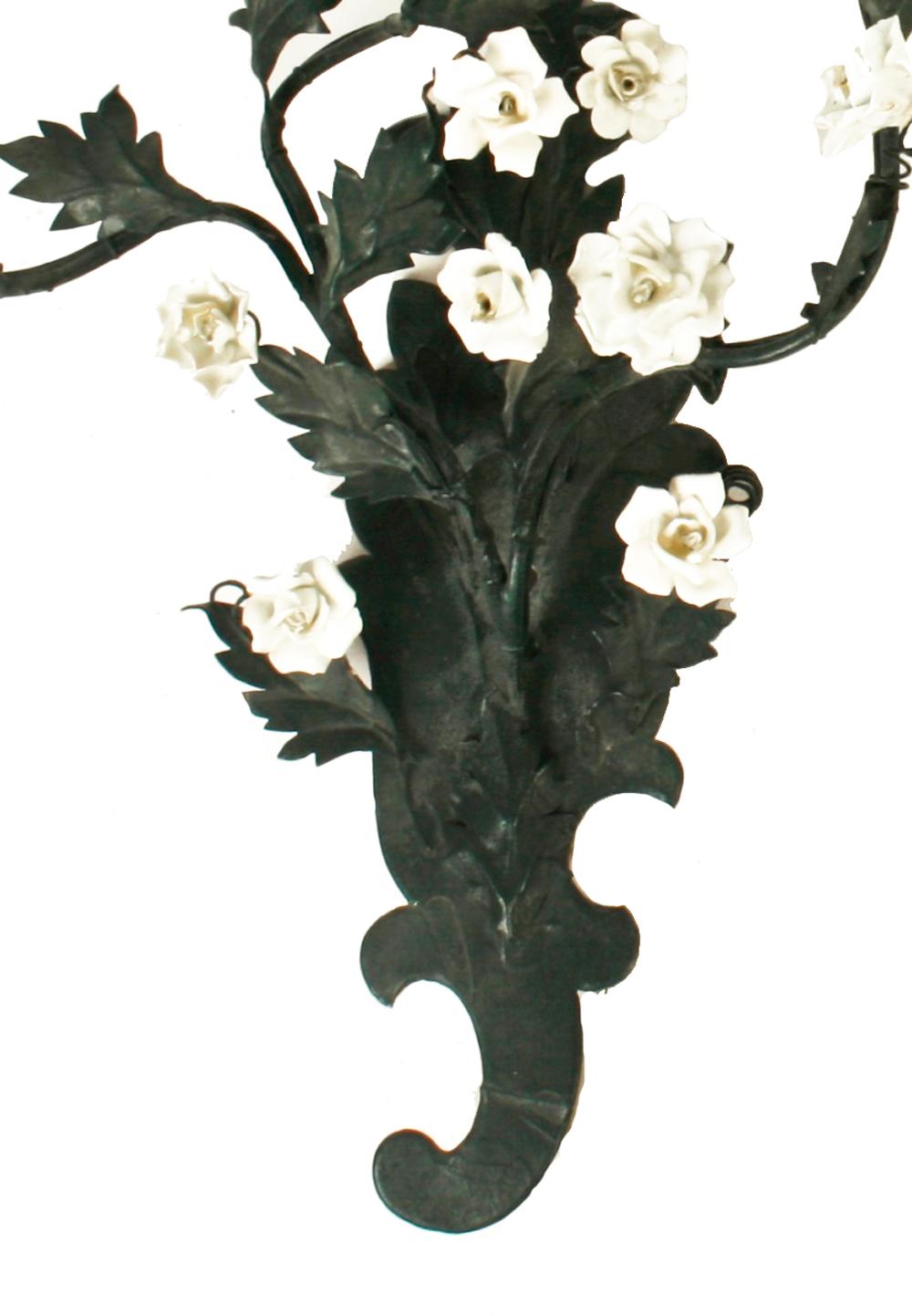 Pair of French Tôle and Porcelain Triple Branch Wall Sconces, 19th c In Good Condition In valatie, NY