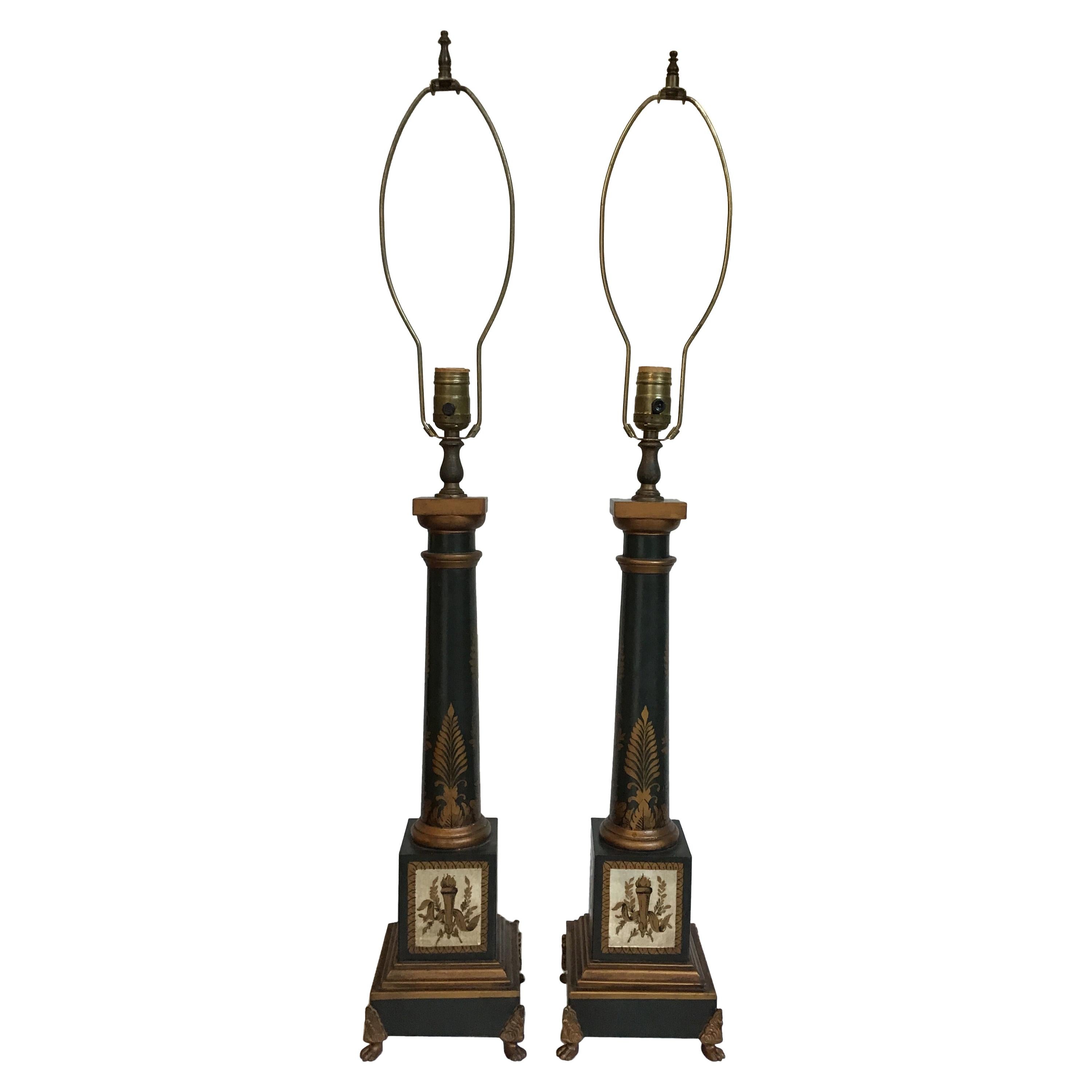 Pair of French Tole Classical Lamps For Sale