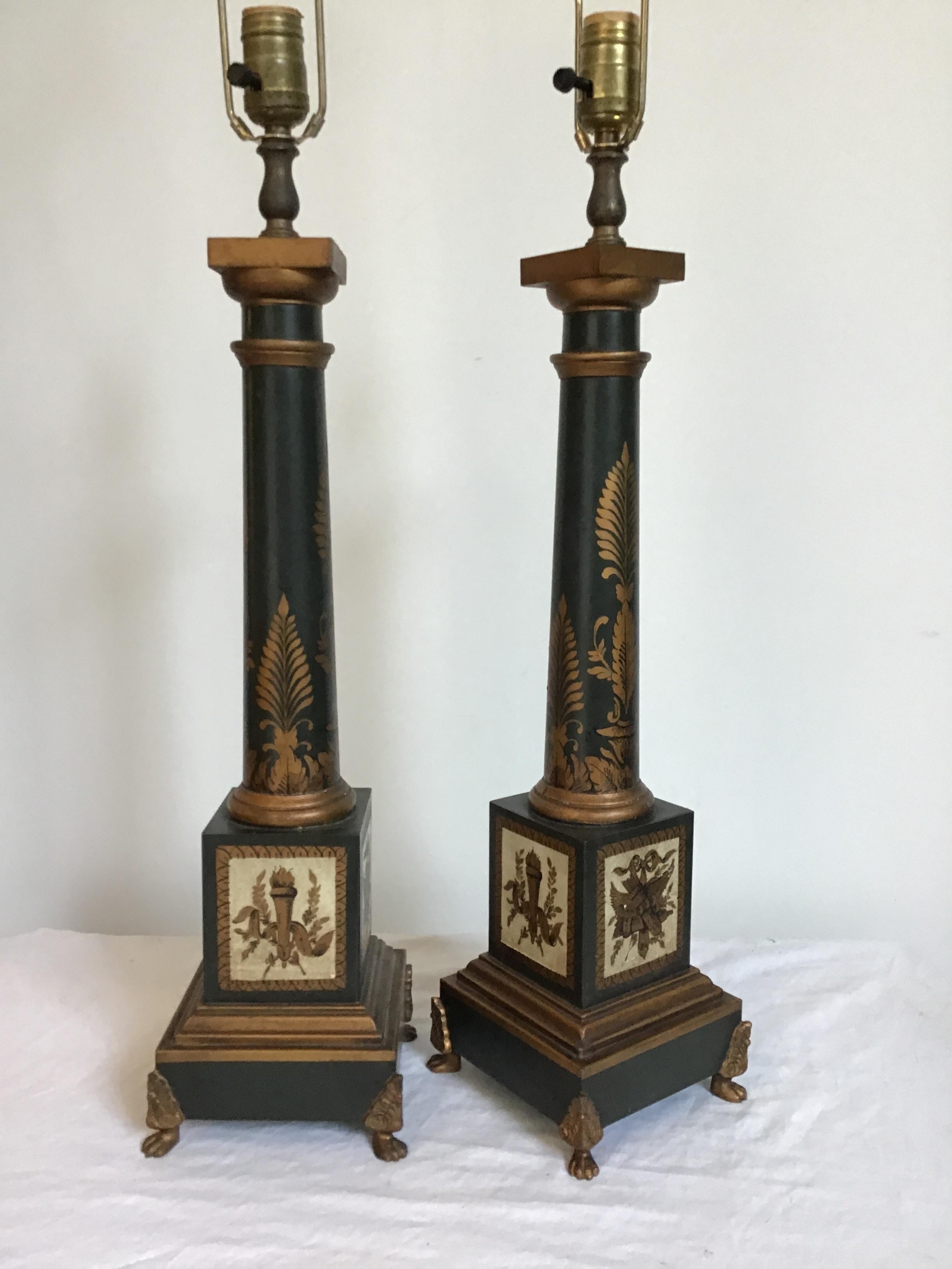 Pair of French hand painted tole classical lamps. Out of a Greenwich, Connecticut estate. Signed on bottom.