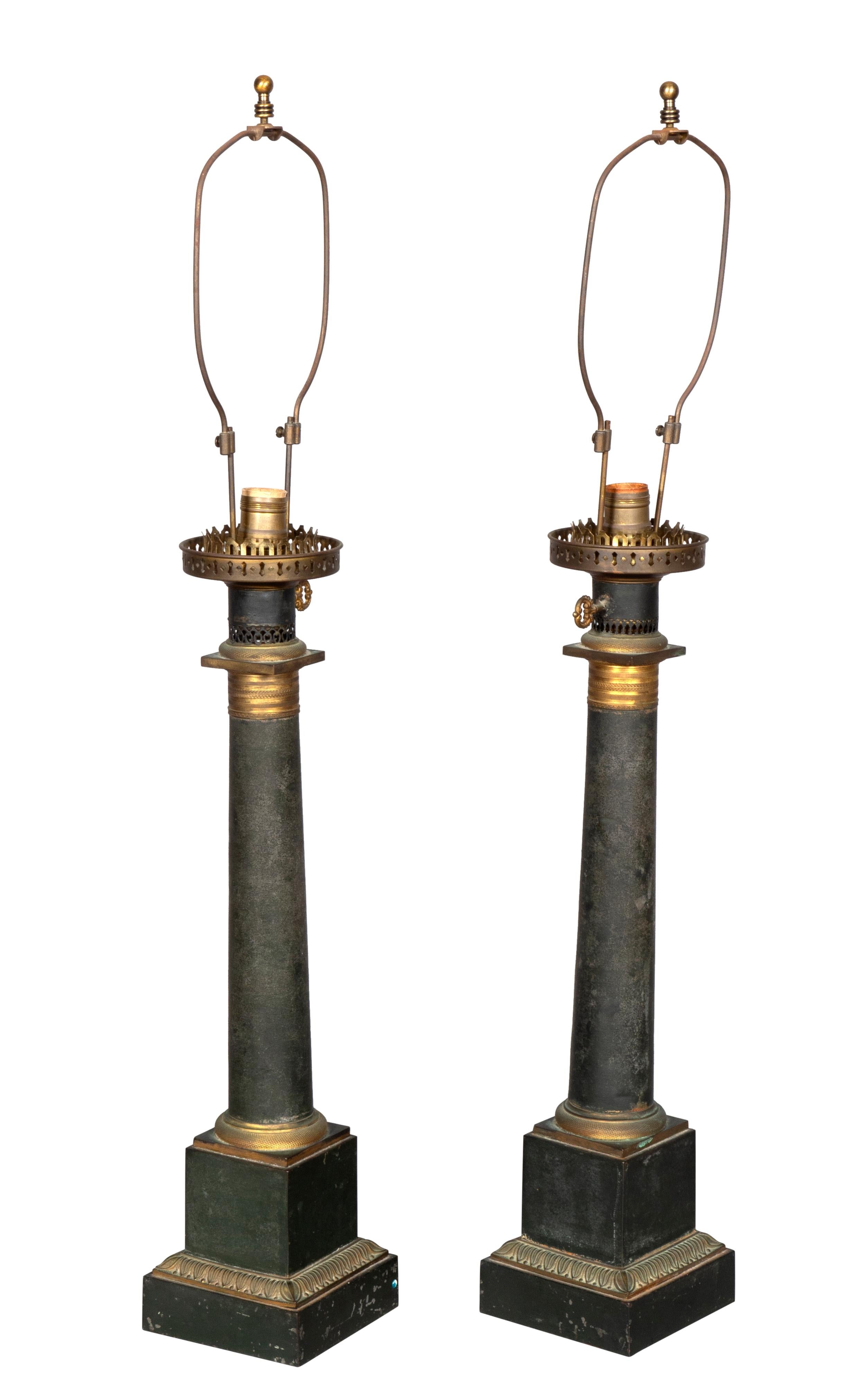 Pair of French Tole Columnar Table Lamps For Sale 7